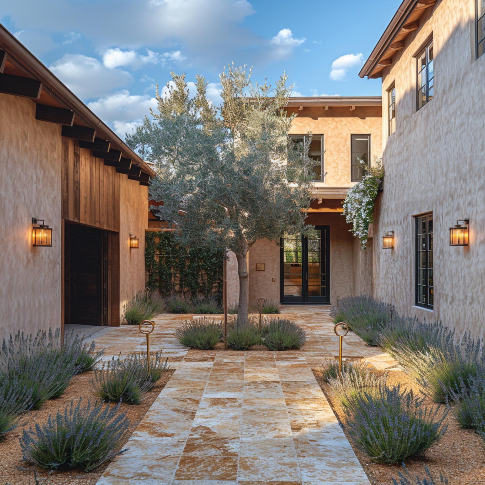 Lavender, Travertine, and an Olive Tree Walk Into a Courtyard Entry — It Works
