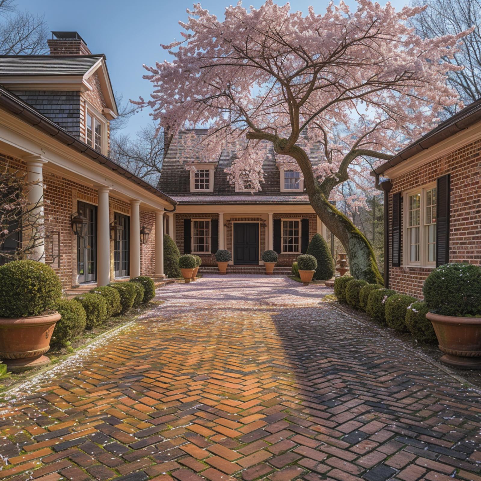 Cherry Blossoms, Herringbone Brick, and Boxwood Globes Give This Entry Serious Staying Power
