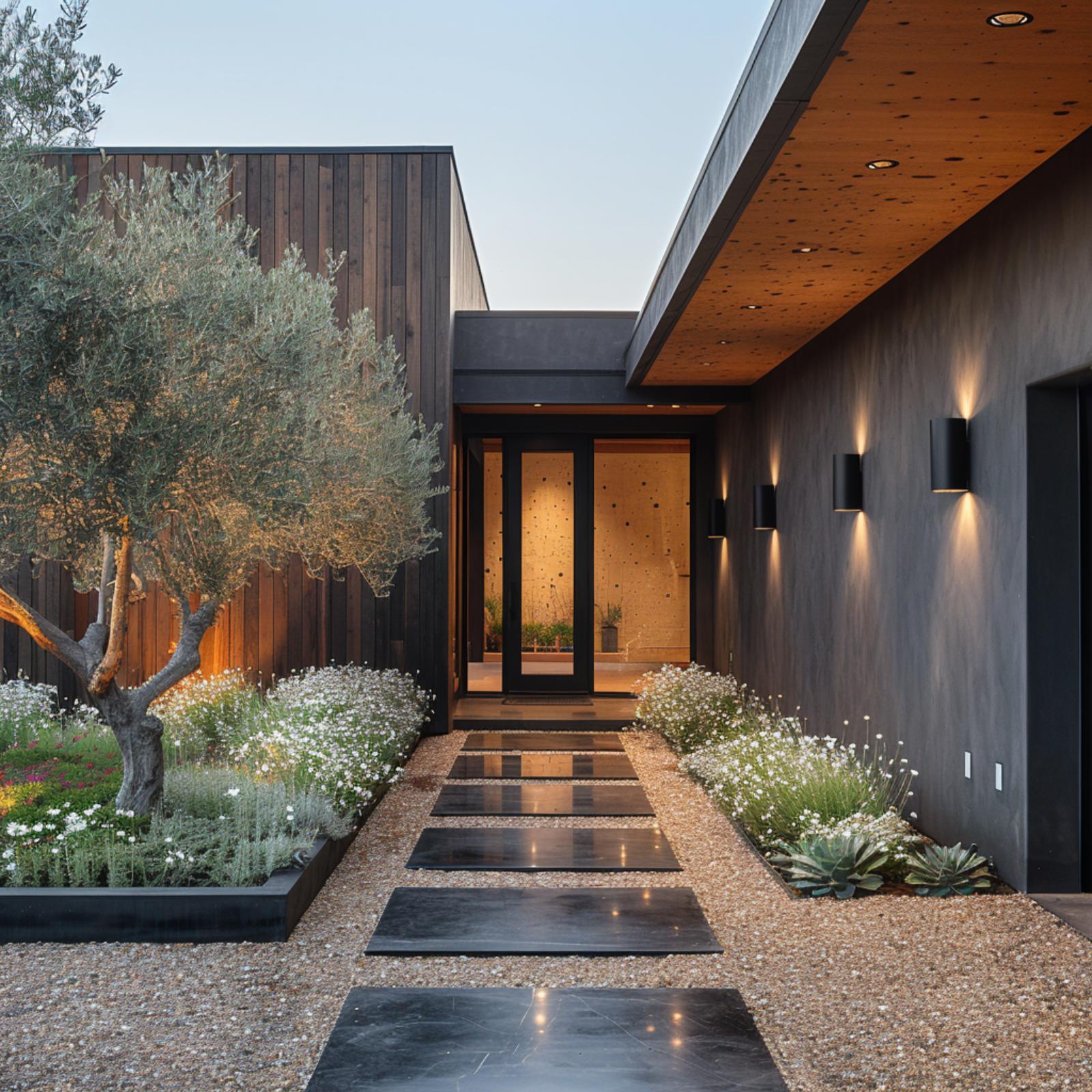 Dark Plaster, an Olive Tree, and Decomposed Granite Pull This Entry Together