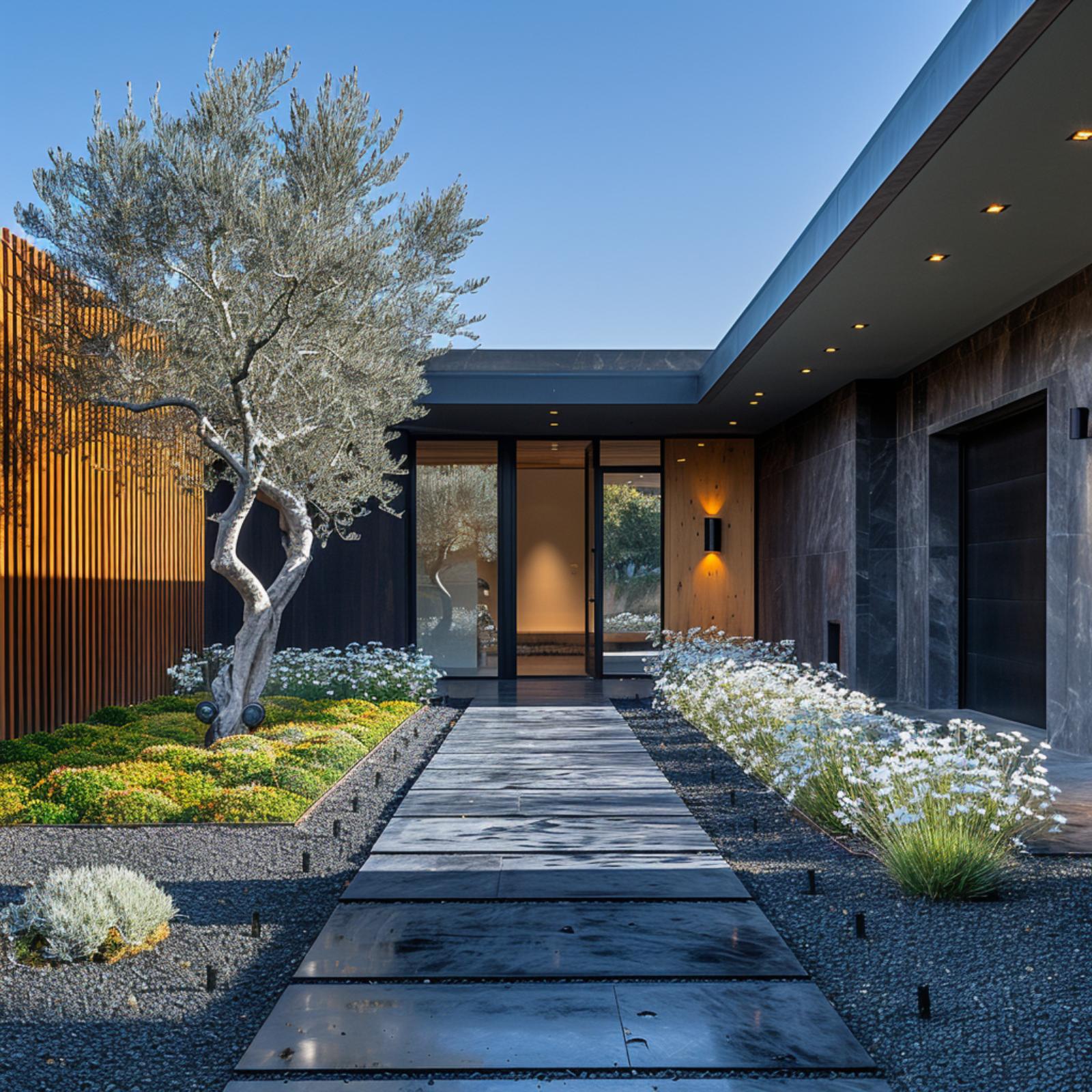Slate Steppers, Black Gravel, and an Olive Tree That Earns Its Placement