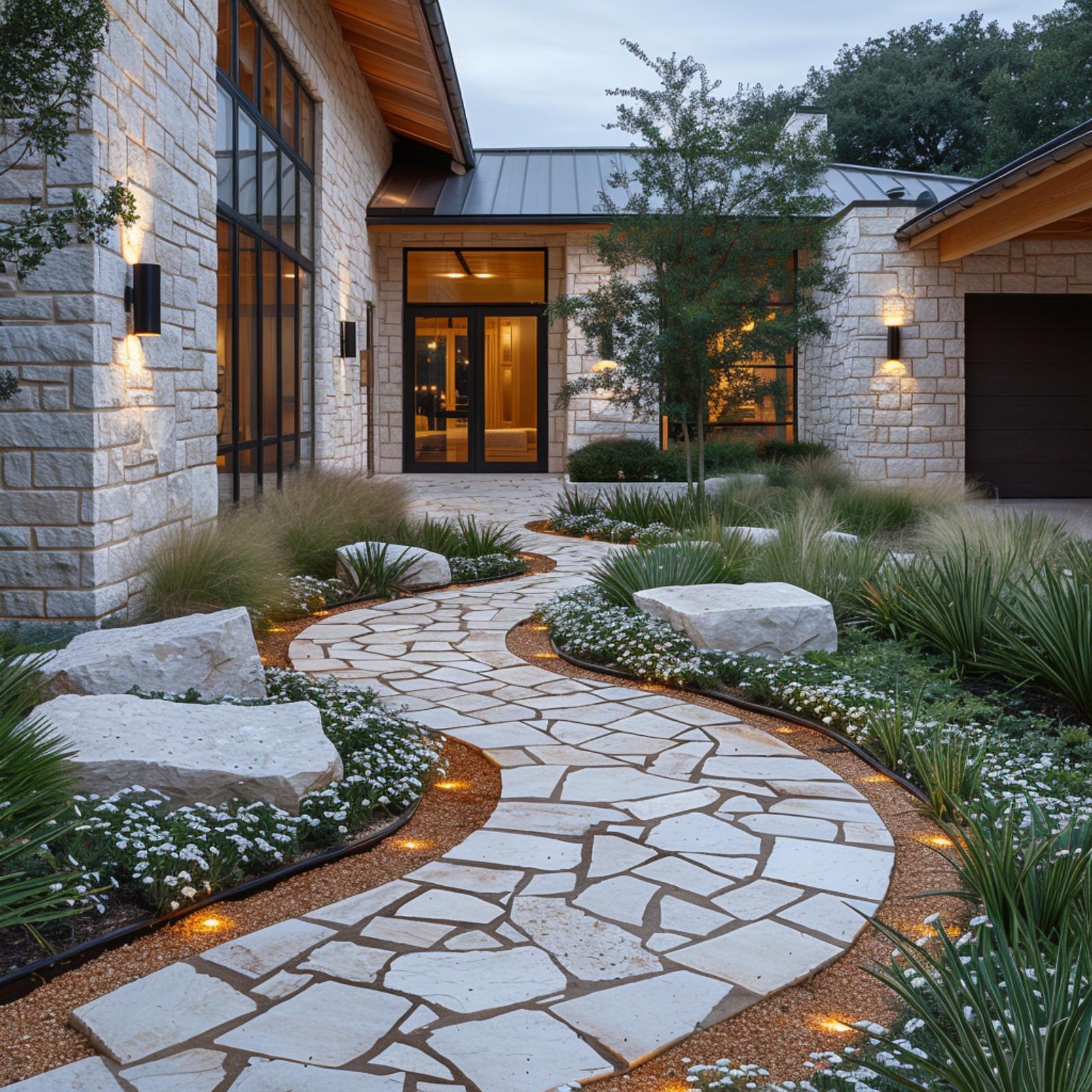 Limestone, Flagstone, and Ground-Level Lighting Give This Entry Real Presence