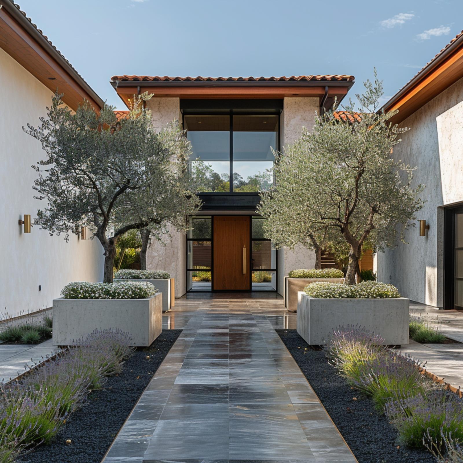 Olive Trees, Concrete Planters, and Terra-Cotta Tile Pull This Entry in Two Directions at Once
