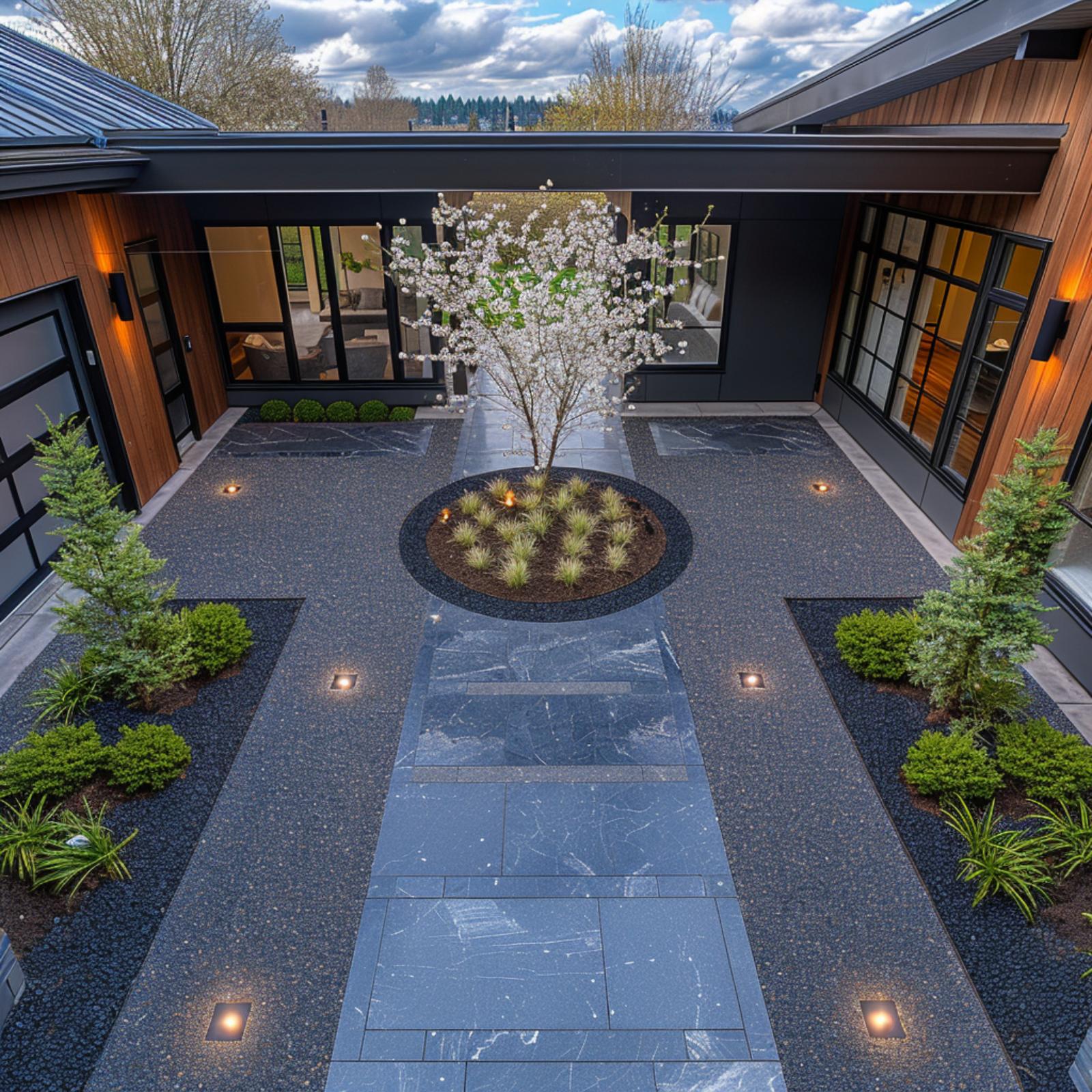 Blooming Focal Point, Dark Granite Path — Courtyard Entry Gets a Dramatic Rethink