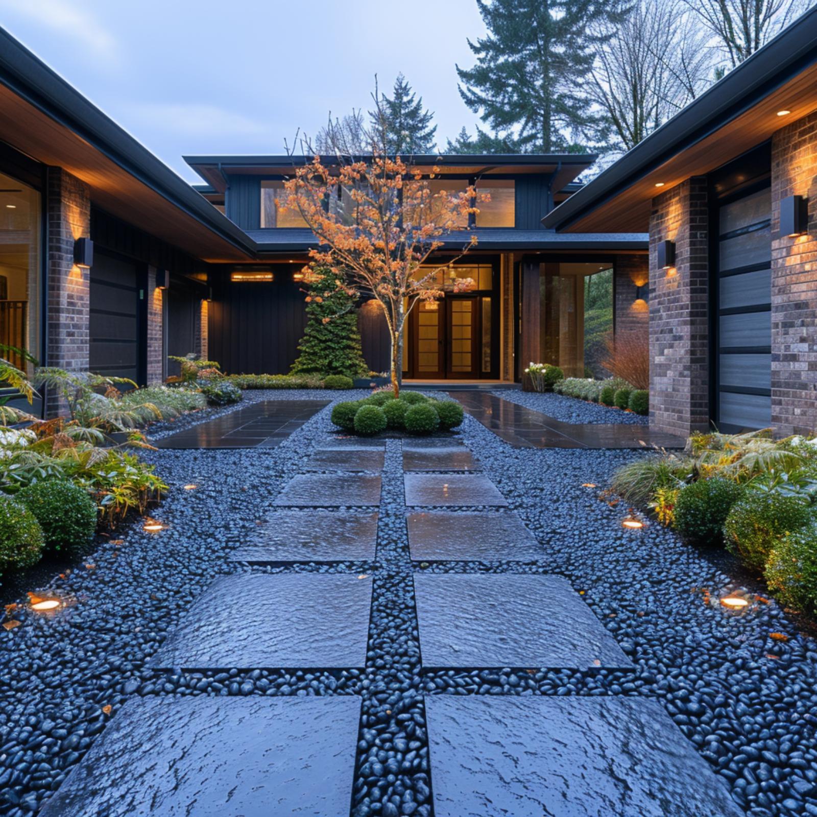 Dark Brick, River Stone, and a Japanese Maple That Stops You Cold