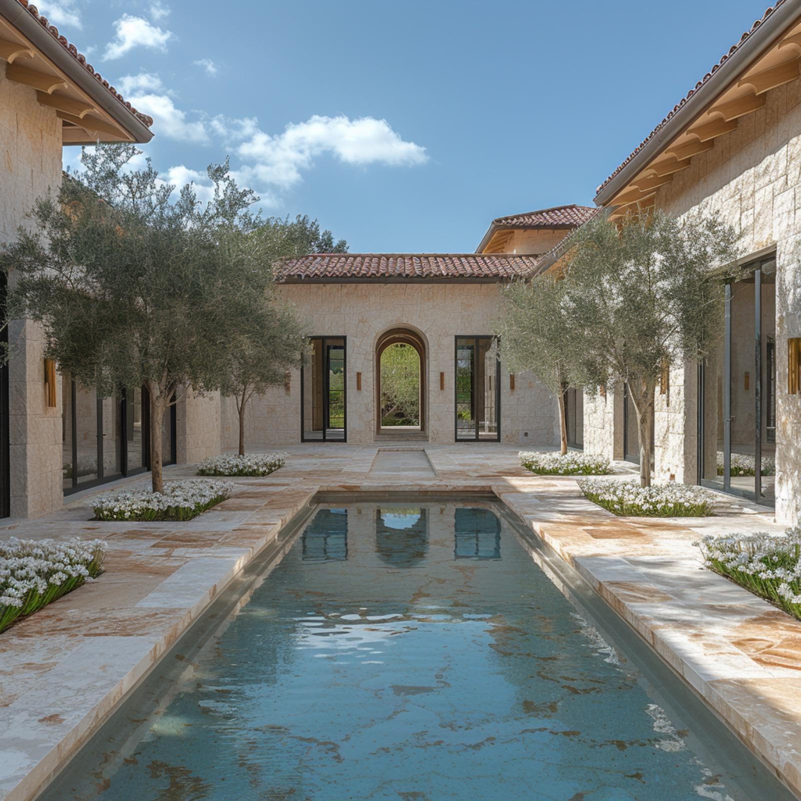 Limestone Walls, Olive Trees, and a Reflecting Channel That Commands the Courtyard