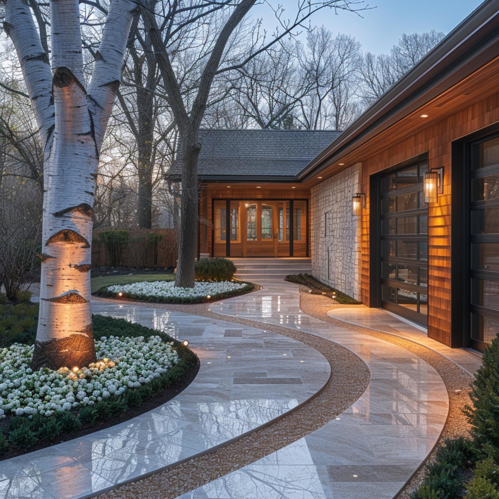 Birch Trees, White Tulips, and a Polished Stone Driveway That Curves With Purpose