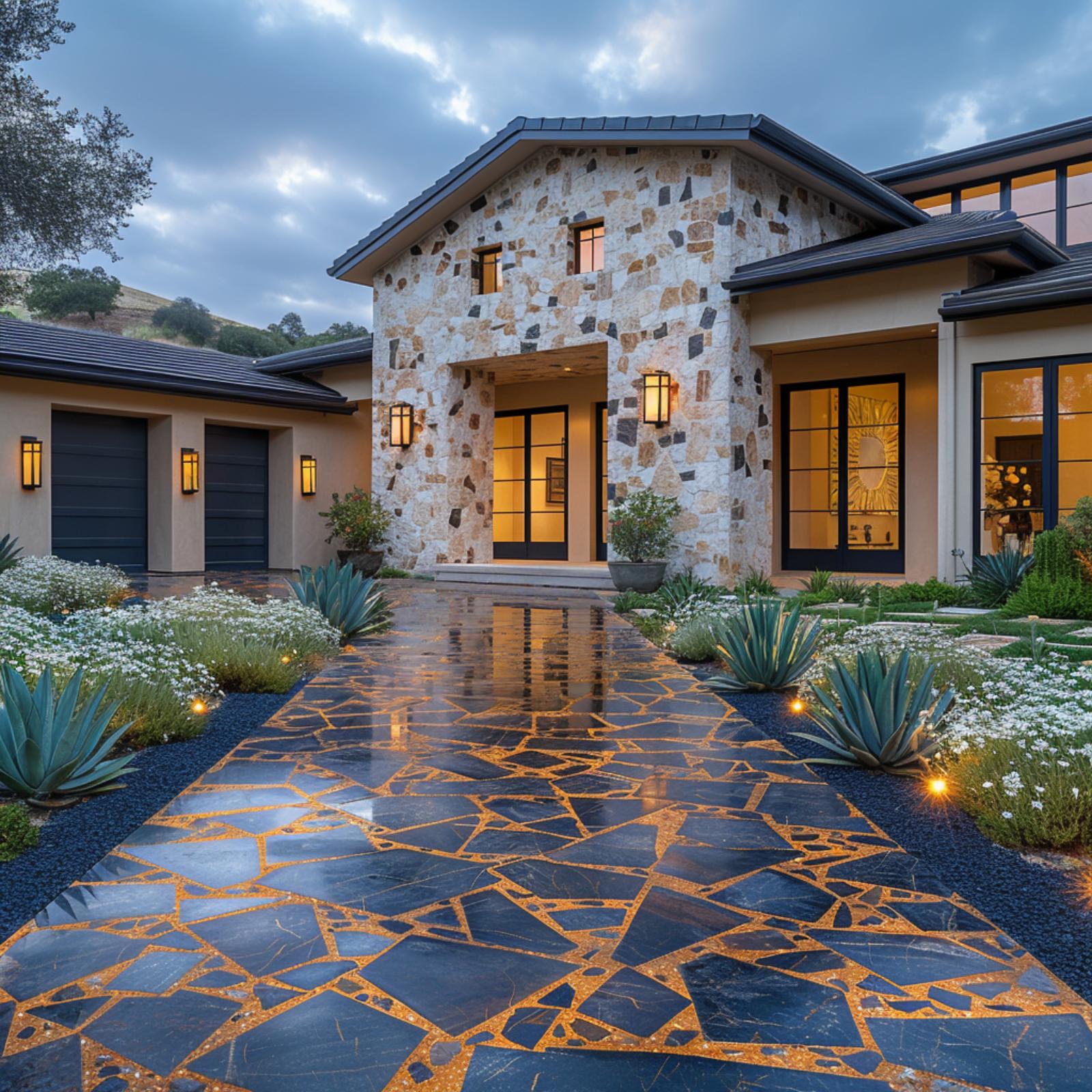 Kintsugi-Inspired Slate Pavers With Gold Resin Joints Reframe What a Driveway Can Do