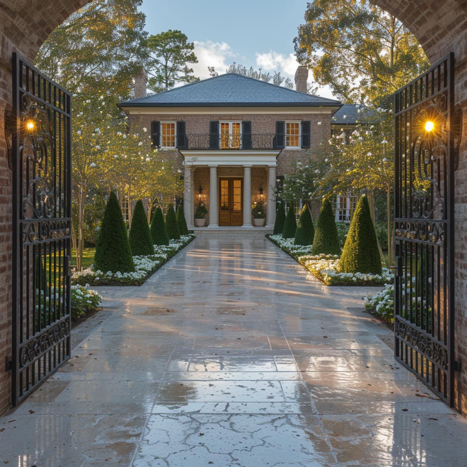 Iron Gates, Cone Topiaries, and a Brick Facade That Earns Every Formal Detail