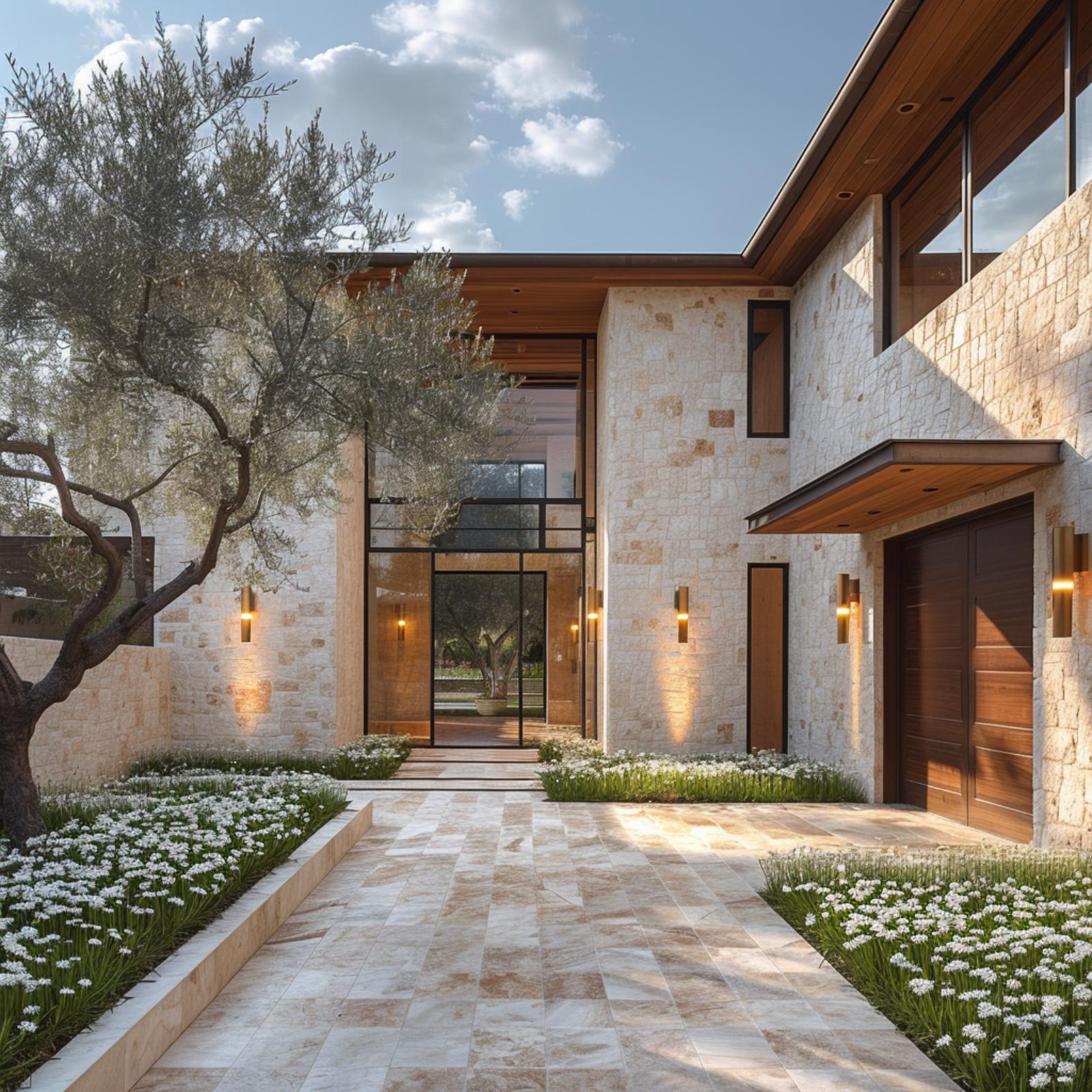 Travertine Pavers, an Olive Tree, and Warm Wood Ceilings That Pull It All Together