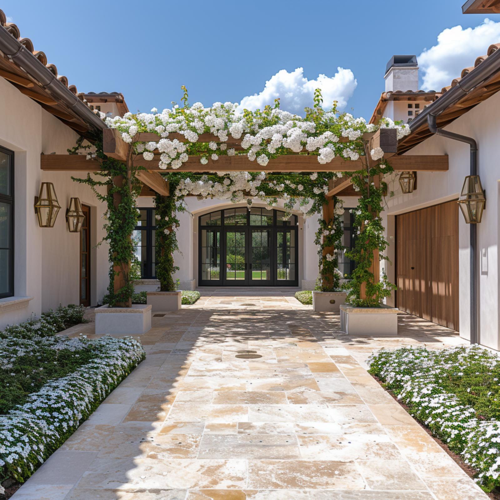 Climbing Roses, Cedar Beams, and a Travertine Forecourt That Makes Arrival Feel Intentional