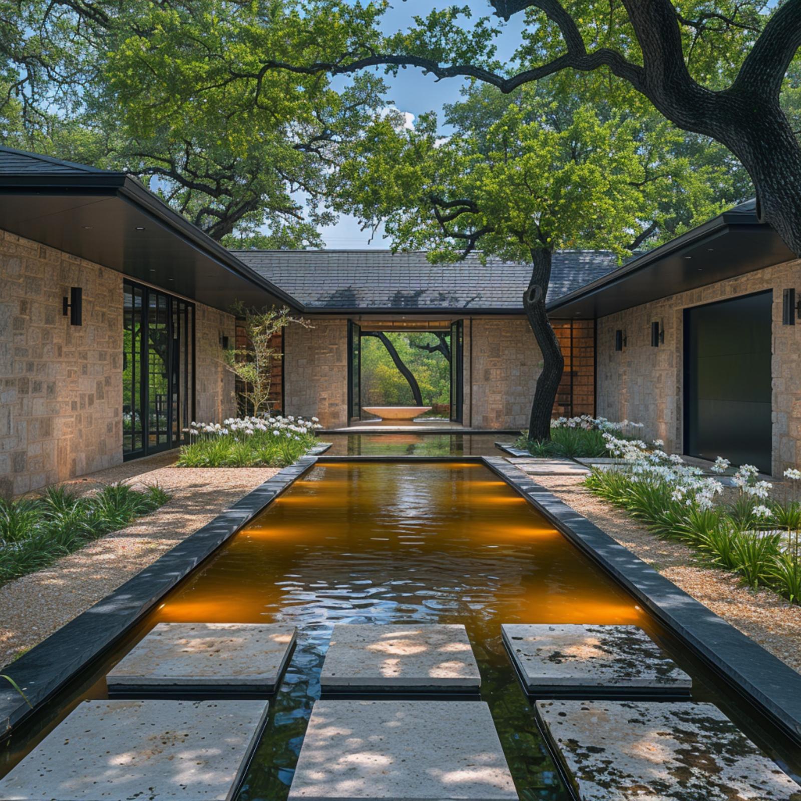 Warm-Lit Reflecting Pool, Live Oaks, and a Courtyard That Wraps Around You