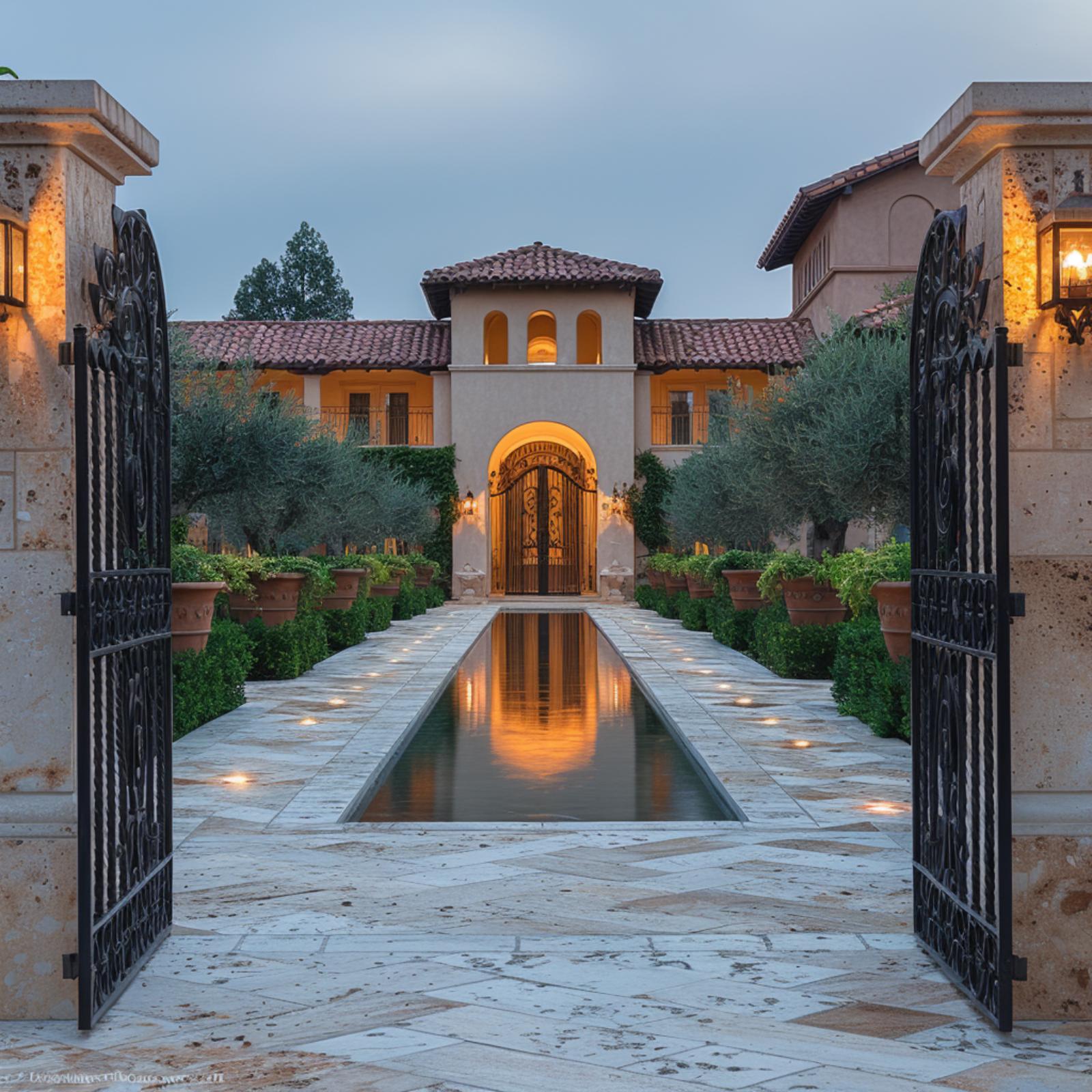 Wrought Iron Gates, a Reflecting Channel, and Tuscan Architecture That Doesn't Need to Try Hard