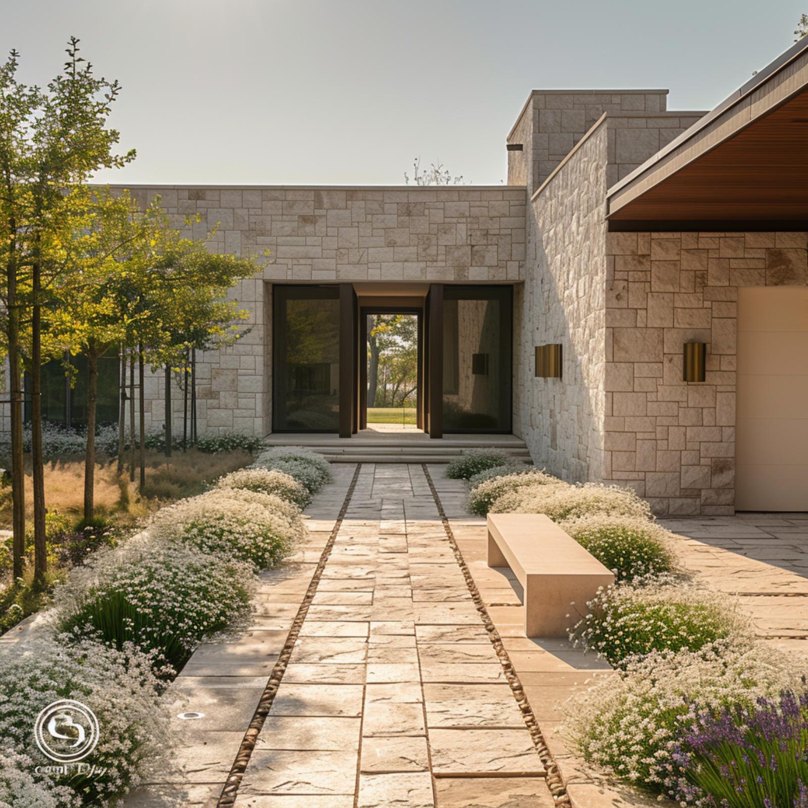 Stone, White Blooms, and Brass Trim Pull Off a Courtyard Entry That Earns Its Drama