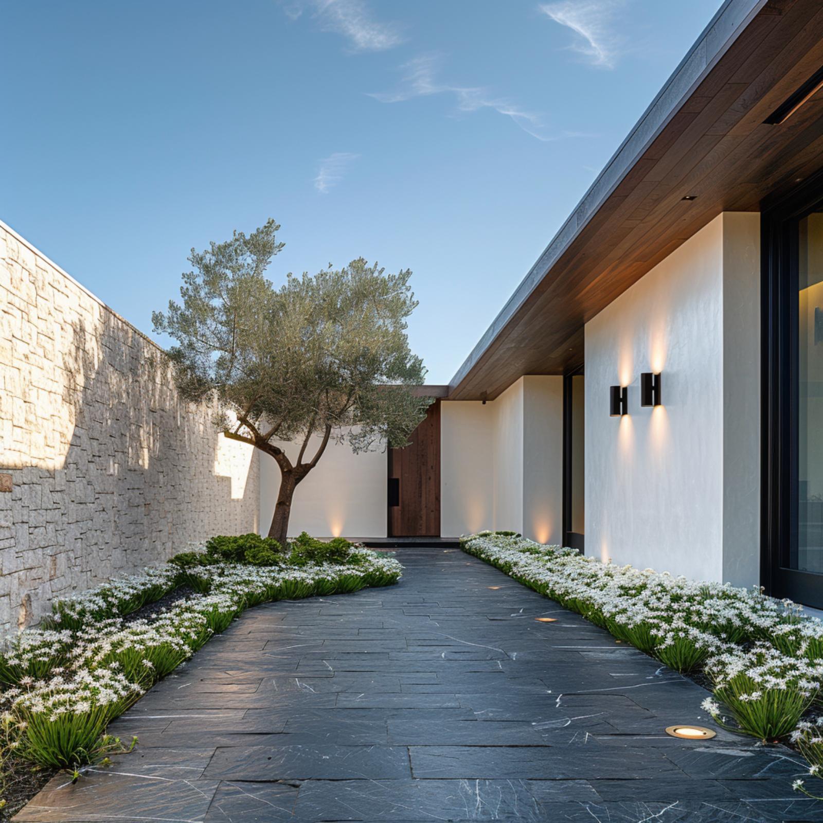 Olive Tree, Slate Path, Stone Wall — Courtyard Entry That Knows Exactly What It's Doing