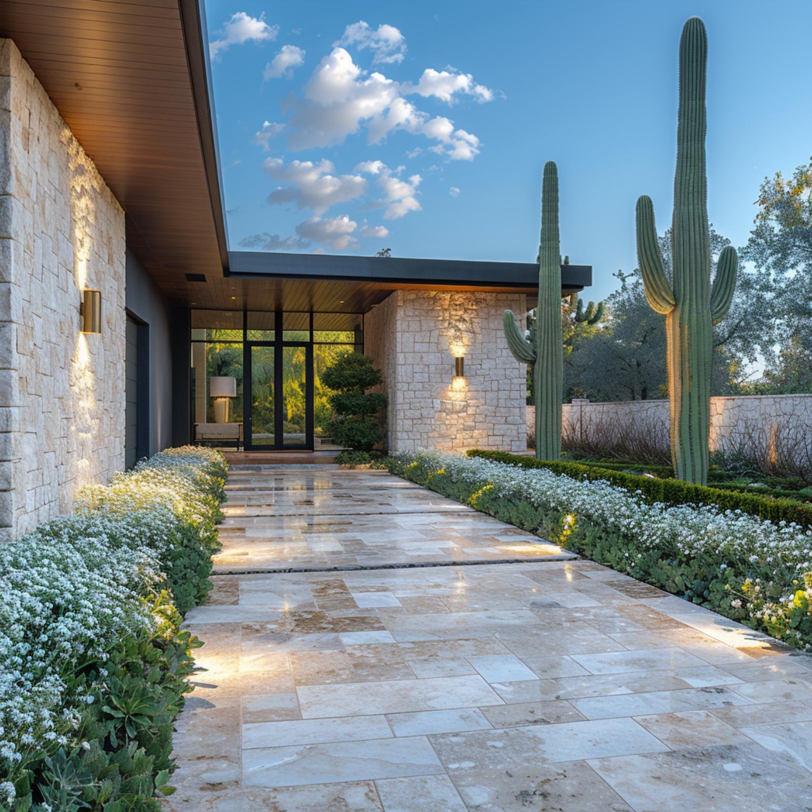 Saguaro, Travertine, and White Blooms Pull a Courtyard Entry Into the Desert Southwest