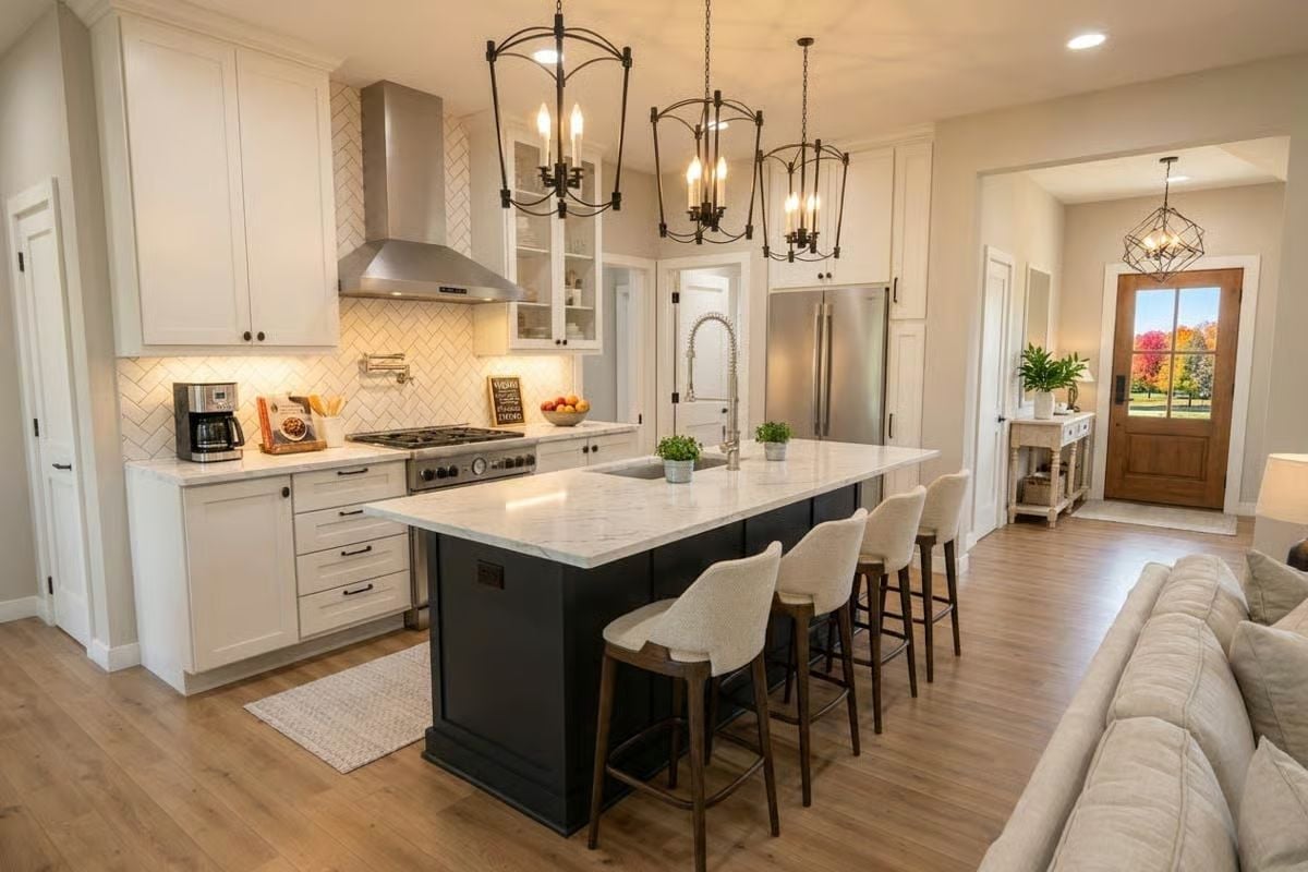 Marble Island, Dark Base Cabinets, and Three Lanterns Make This Kitchen Work