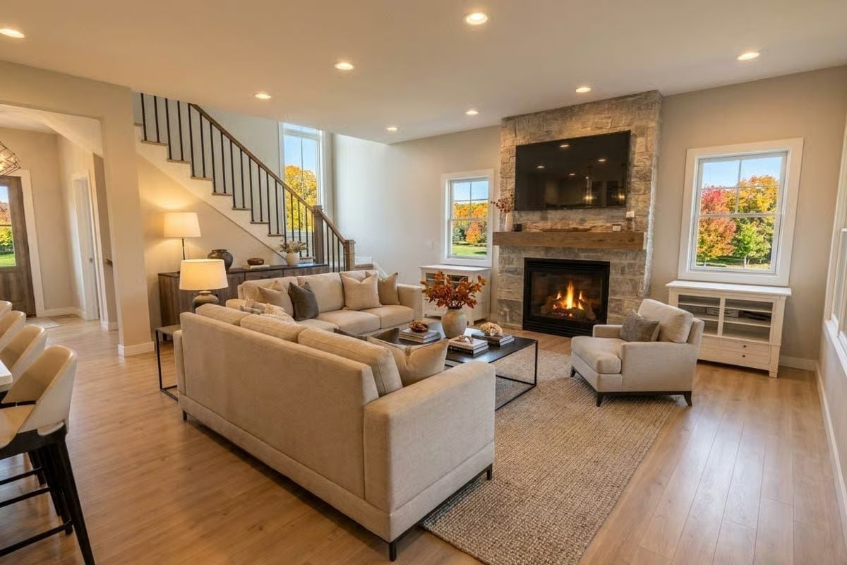 Stone Fireplace and Warm Wood Tones Set the Tone for This Living Room