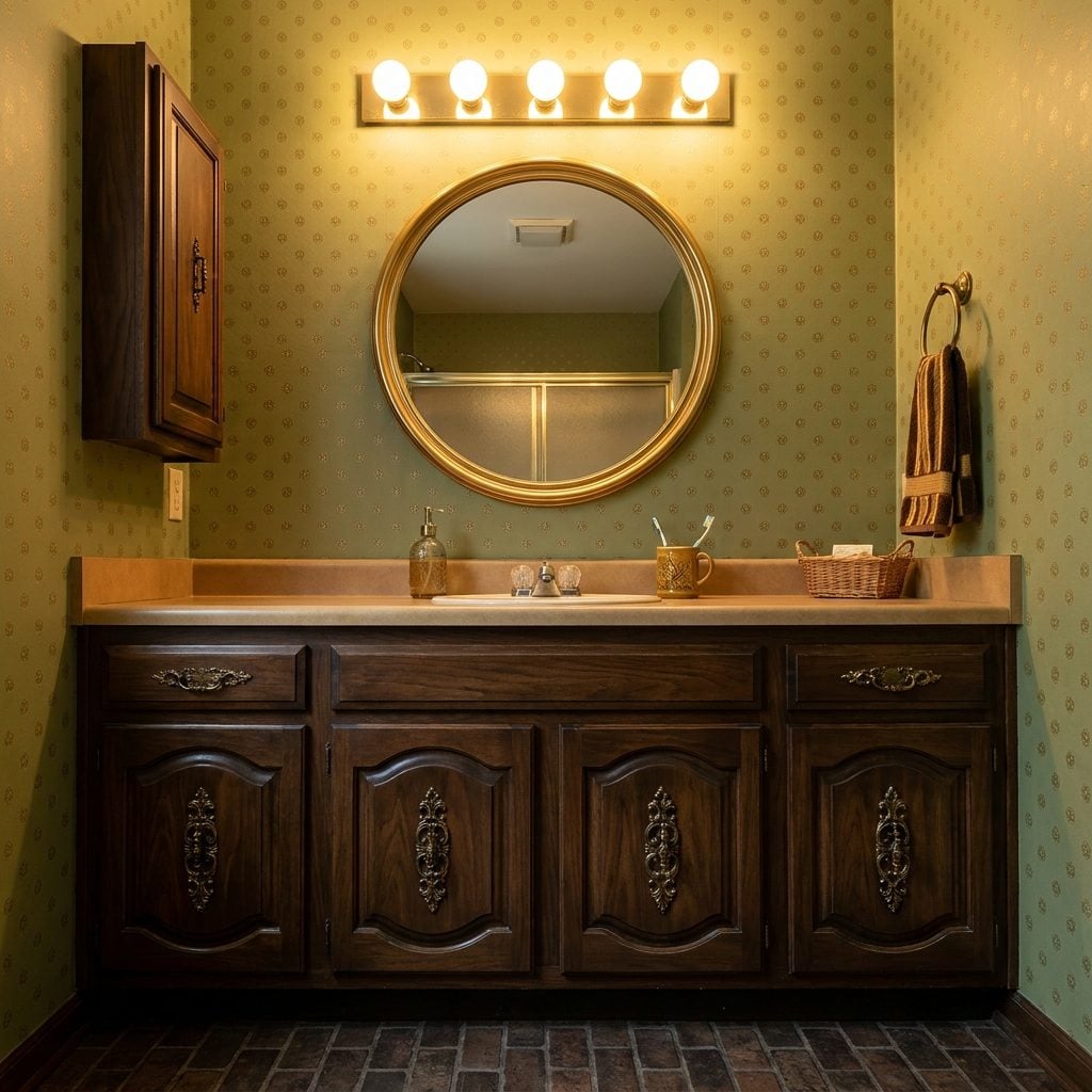 Dark Wood Vanity Cabinets with Ornate Brass Pulls That Weighed More Than the Towels