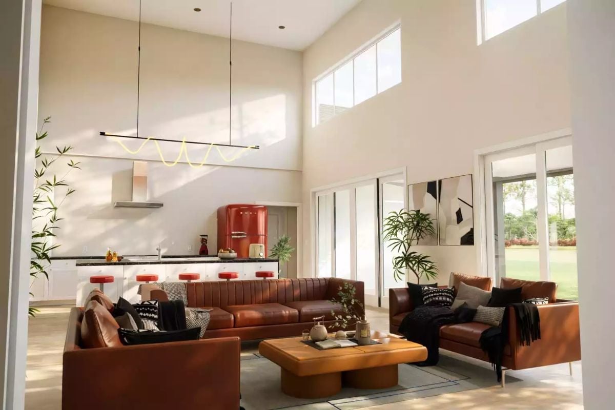 Cognac Leather and a Red Smeg Refrigerator Pull This Open-Plan Space Together