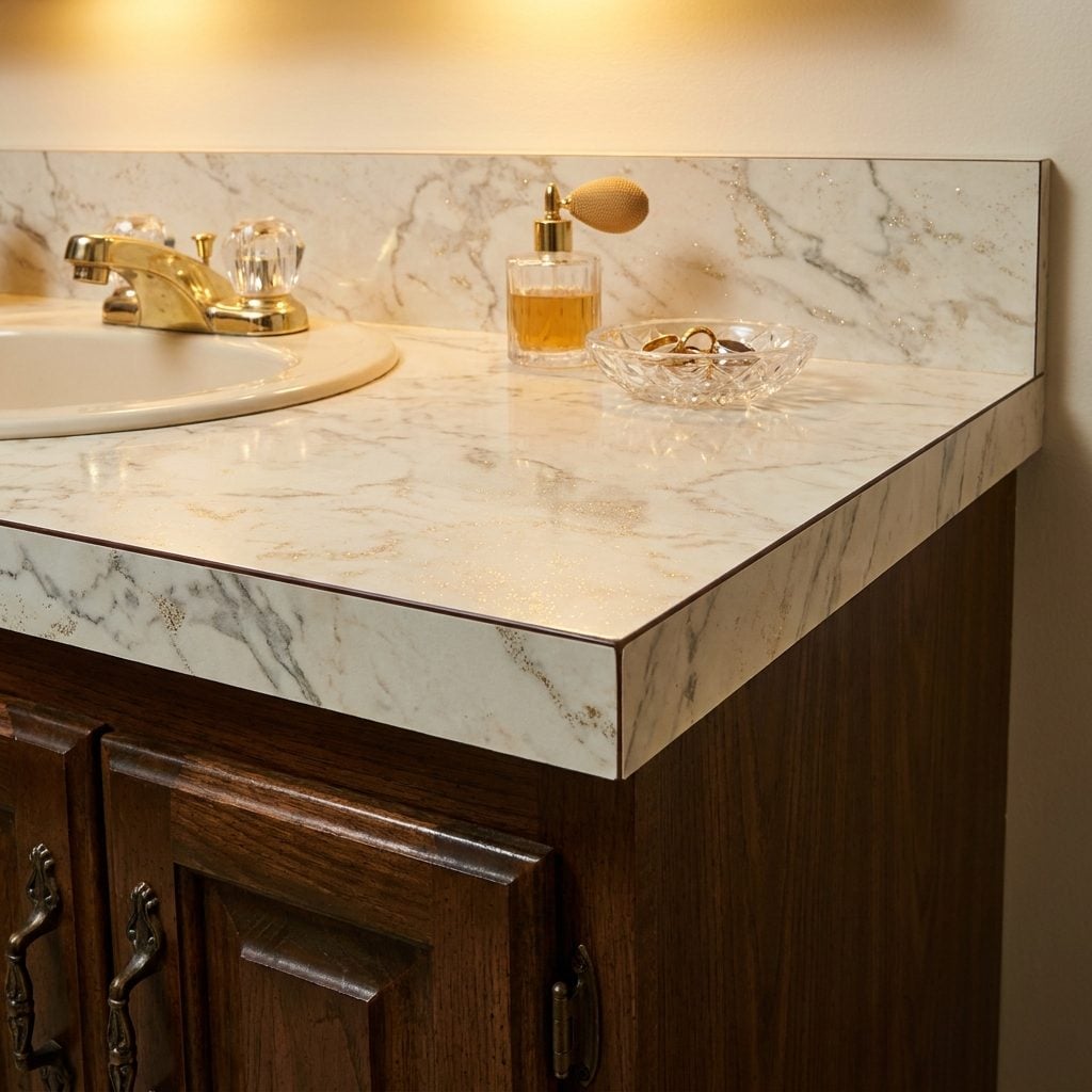 Fake Marble Laminate Countertops with Gold Flecks That Sparkled Under Every Light
