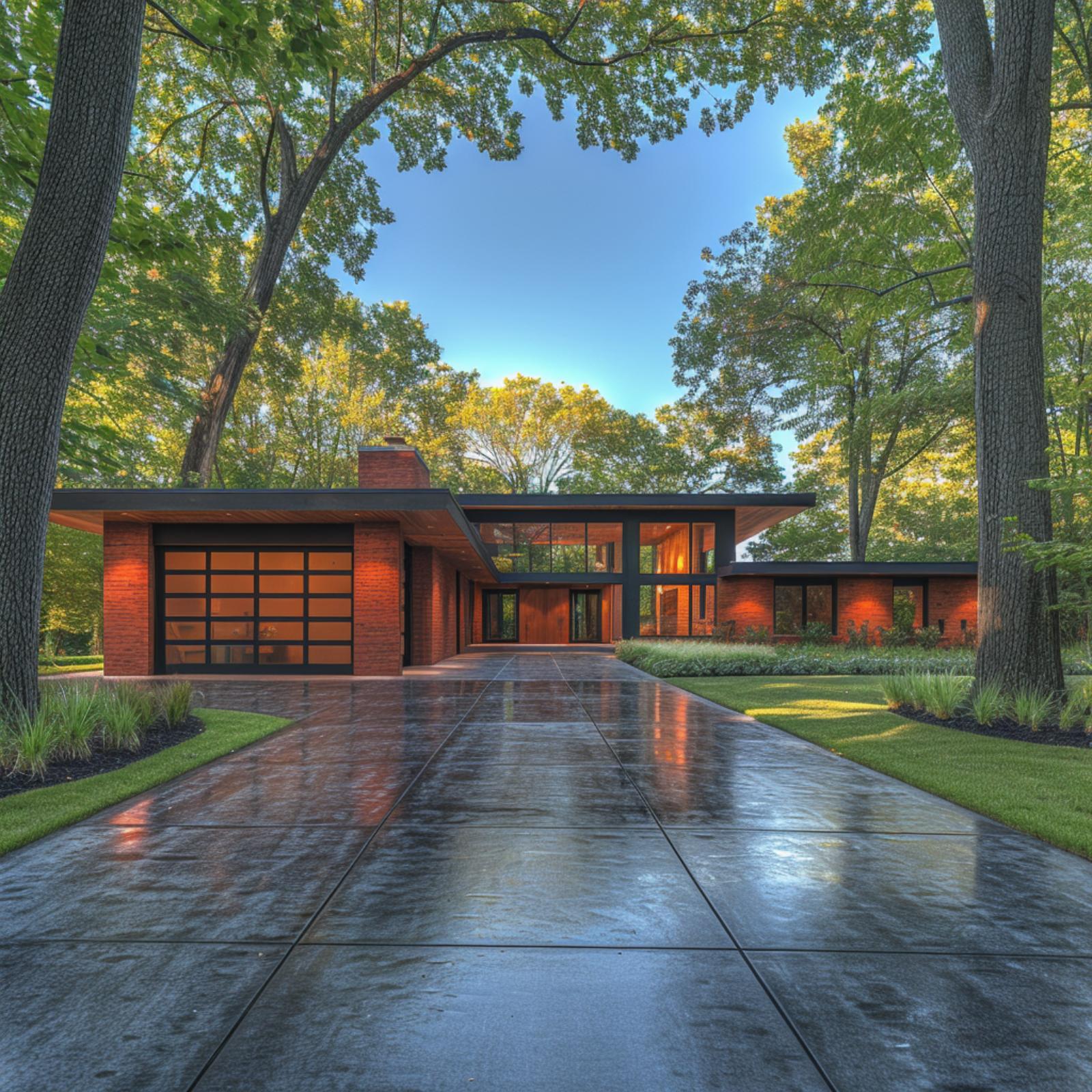 Brick, Flat Rooflines, and a Glass Garage Door That Makes Mid-Century Feel Current