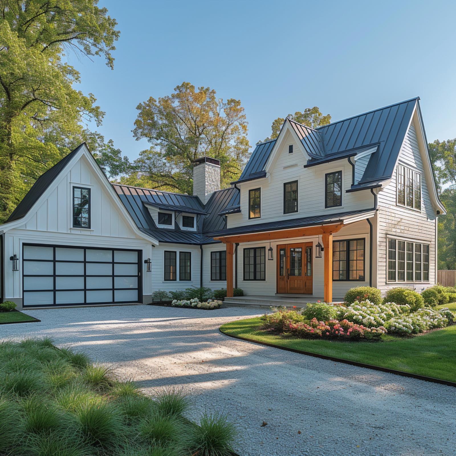 White Farmhouse, Dark Metal Roof, and Glass Garage Doors That Don't Apologize for Standing Out