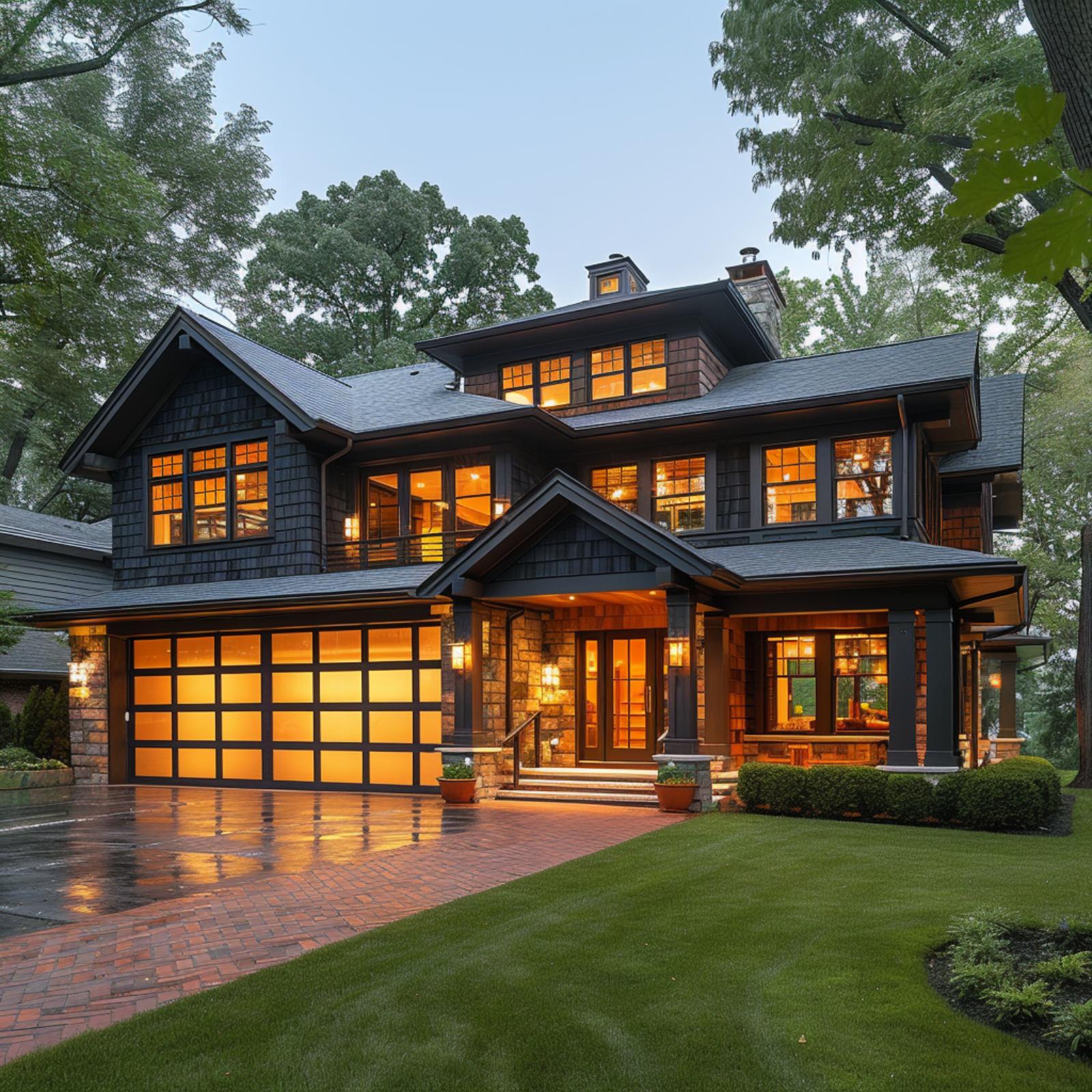 Craftsman Shingles, Stone Base, and Glass Garage Doors Glowing at Dusk
