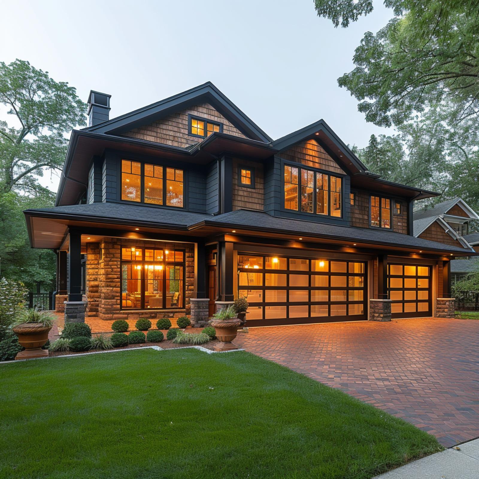 Craftsman Shingles, Stone Piers, and Glass Garage Doors That Glow Like They Mean It