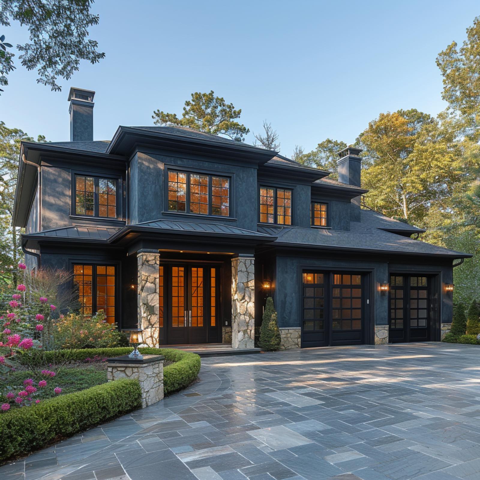 Dark Stucco, Stone Columns, and Glass Garage Doors That Pull It All Together