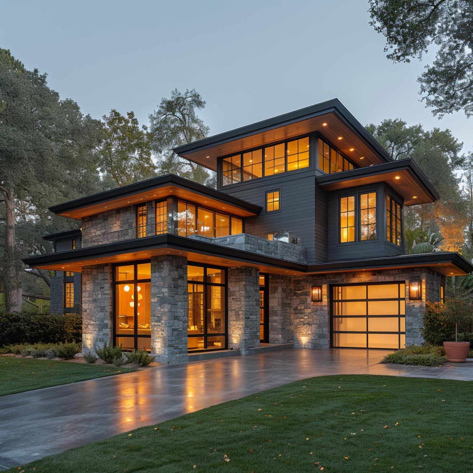 Stone, Cedar Soffits, and a Glass Garage Door Lit From Within