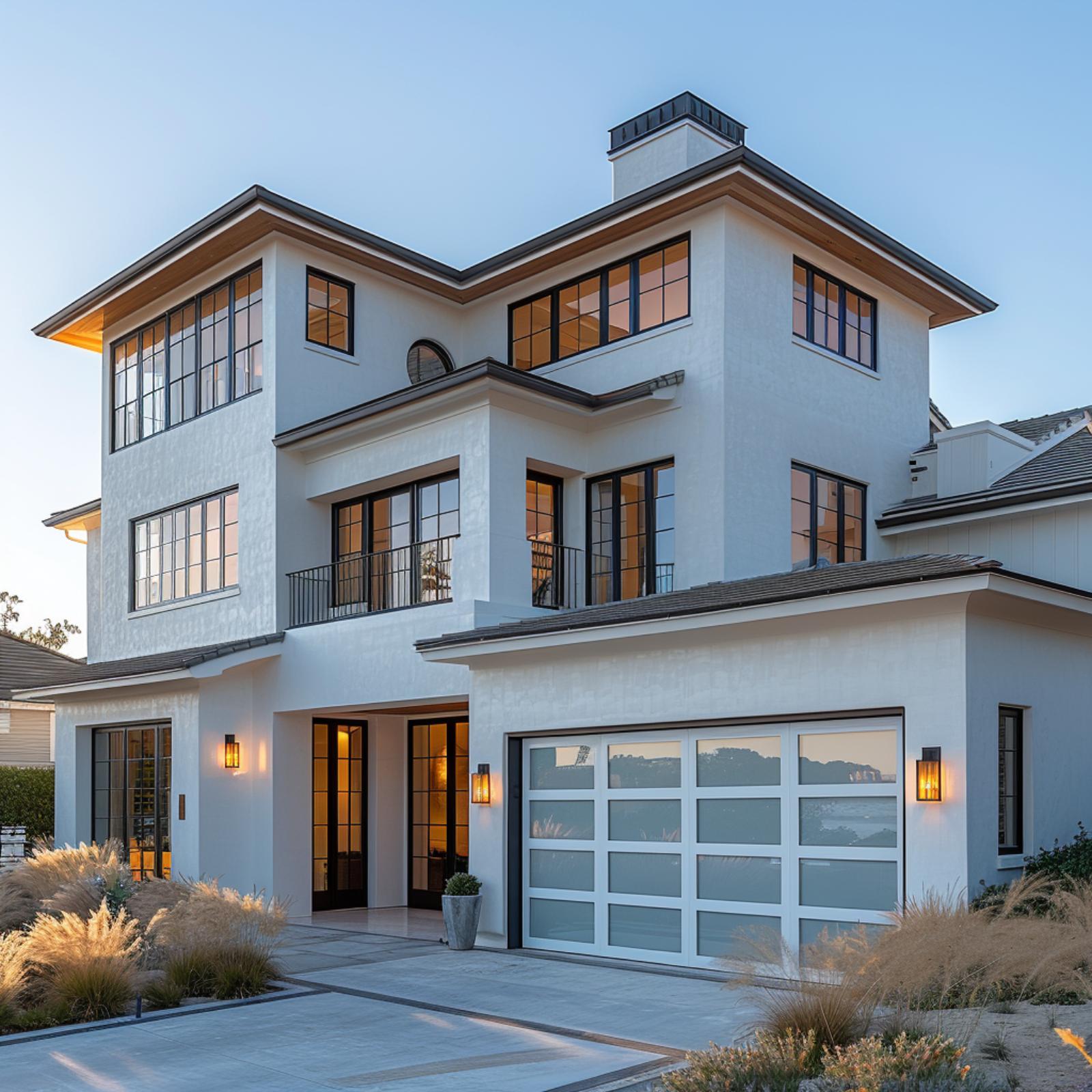 White Stucco, Three Stories, and a Glass Garage Door That Keeps Up With All of It