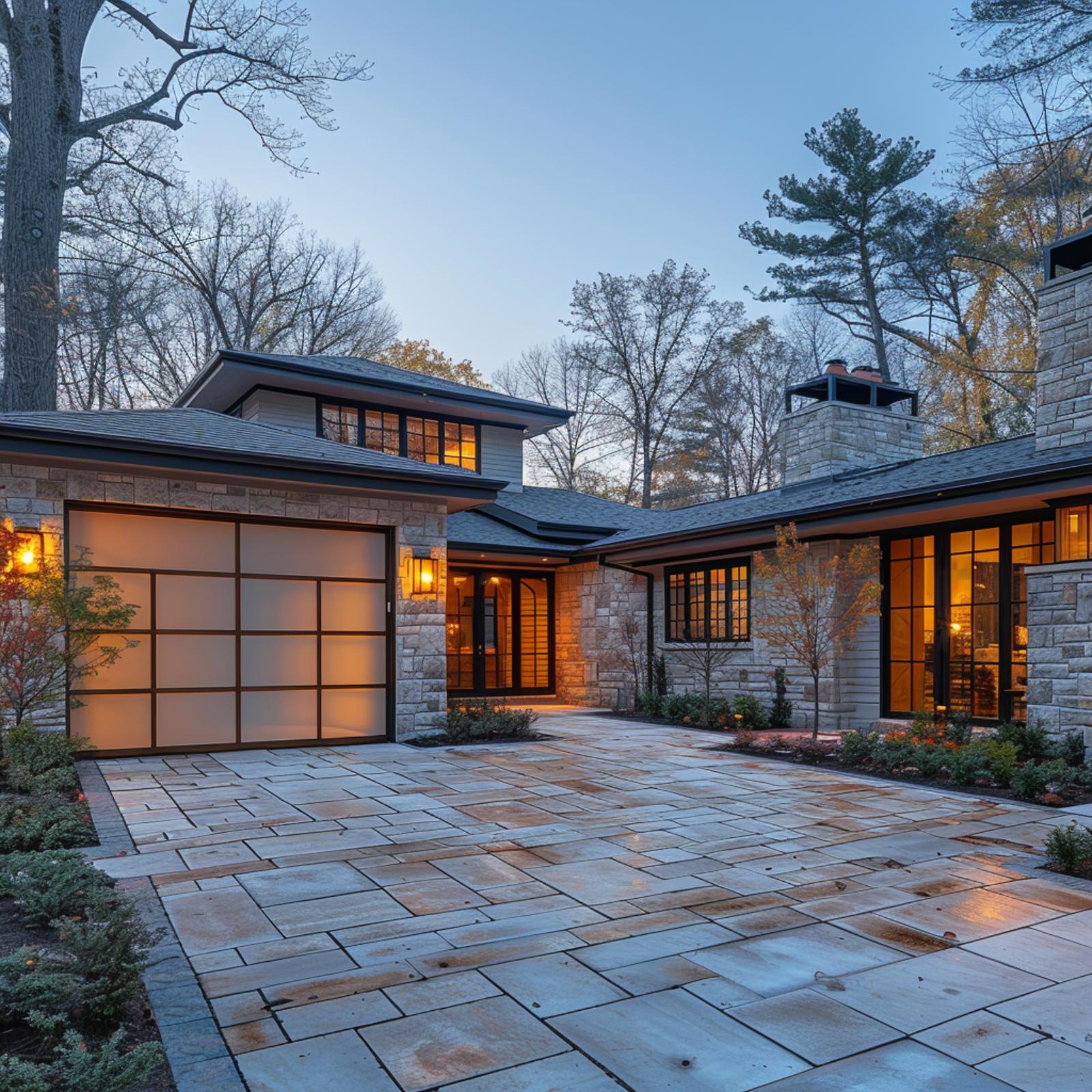 Stone, Translucent Panels, and a Driveway That Makes the Whole Facade Feel Composed