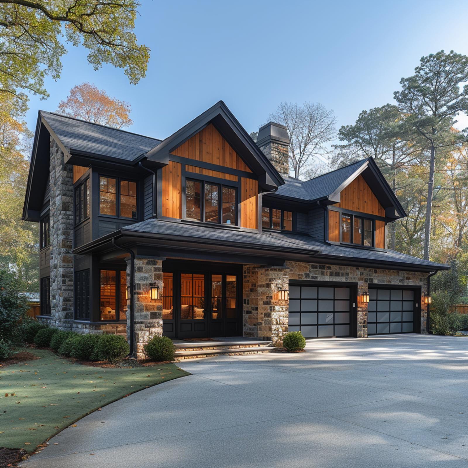 Stone Base, Cedar Gables, and Glass Garage Doors That Actually Earn the Driveway