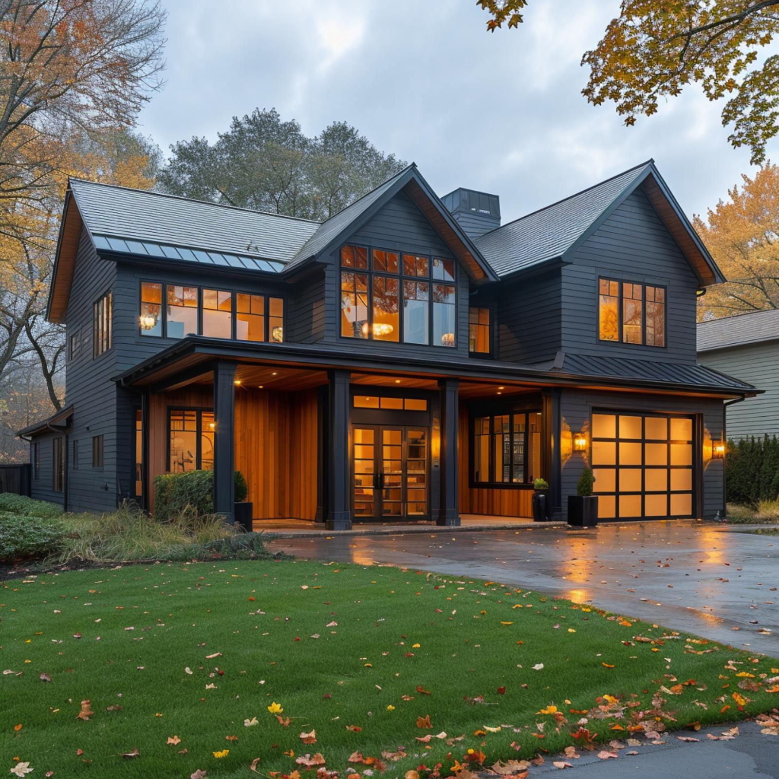 Charcoal Siding, Cedar Soffits, and Glass Garage Doors Doing the Work at Dusk