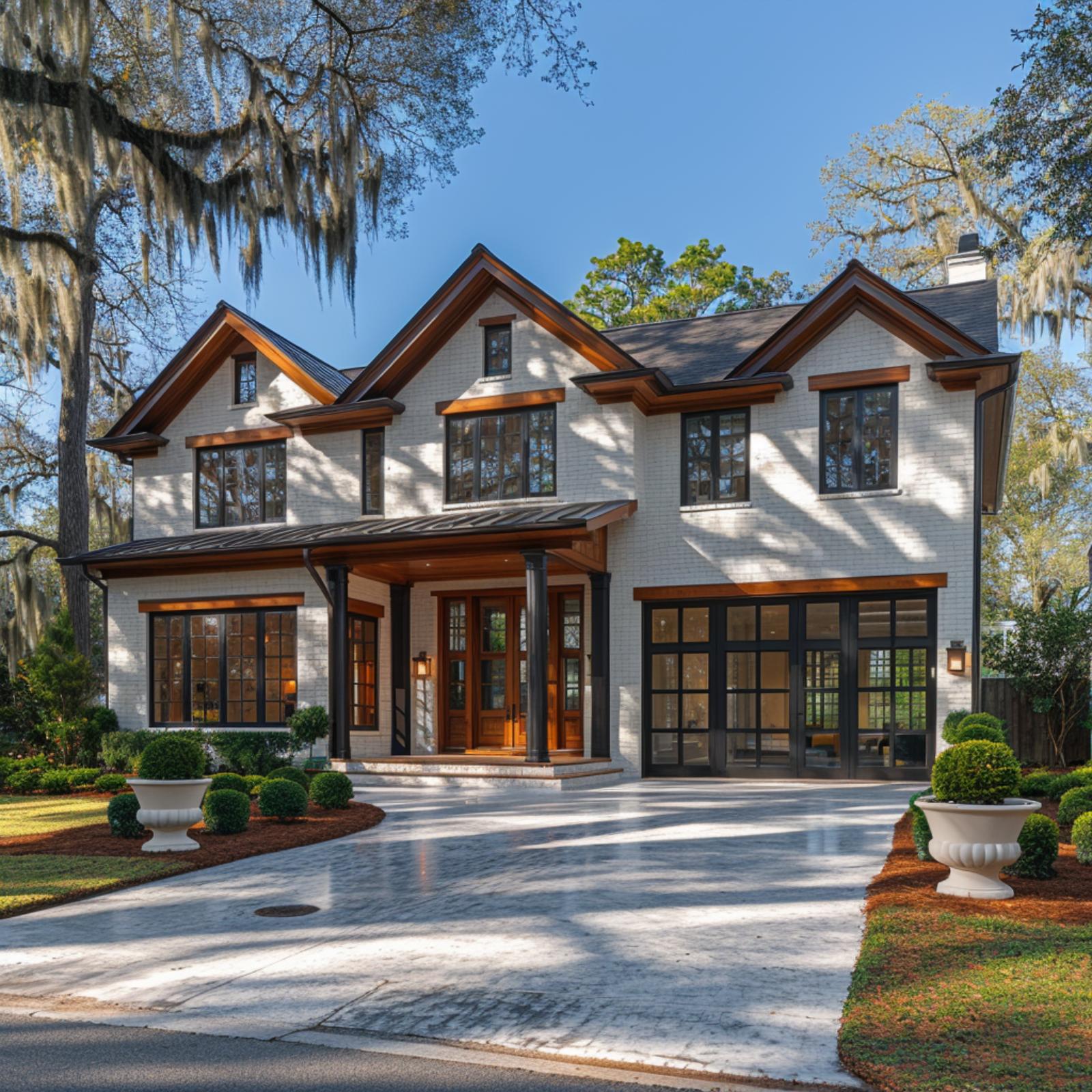 White Brick, Walnut Trim, and Glass Garage Doors That Actually Belong Here