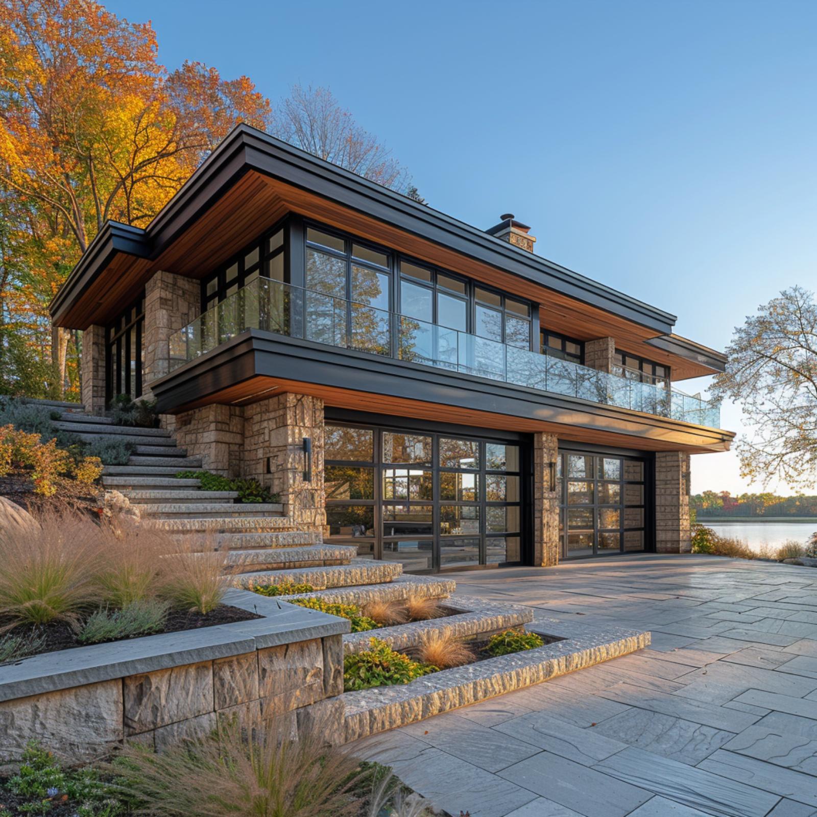 Rough-Cut Stone, Cedar Soffits, and Glass Garage Doors Sitting Right on the Water