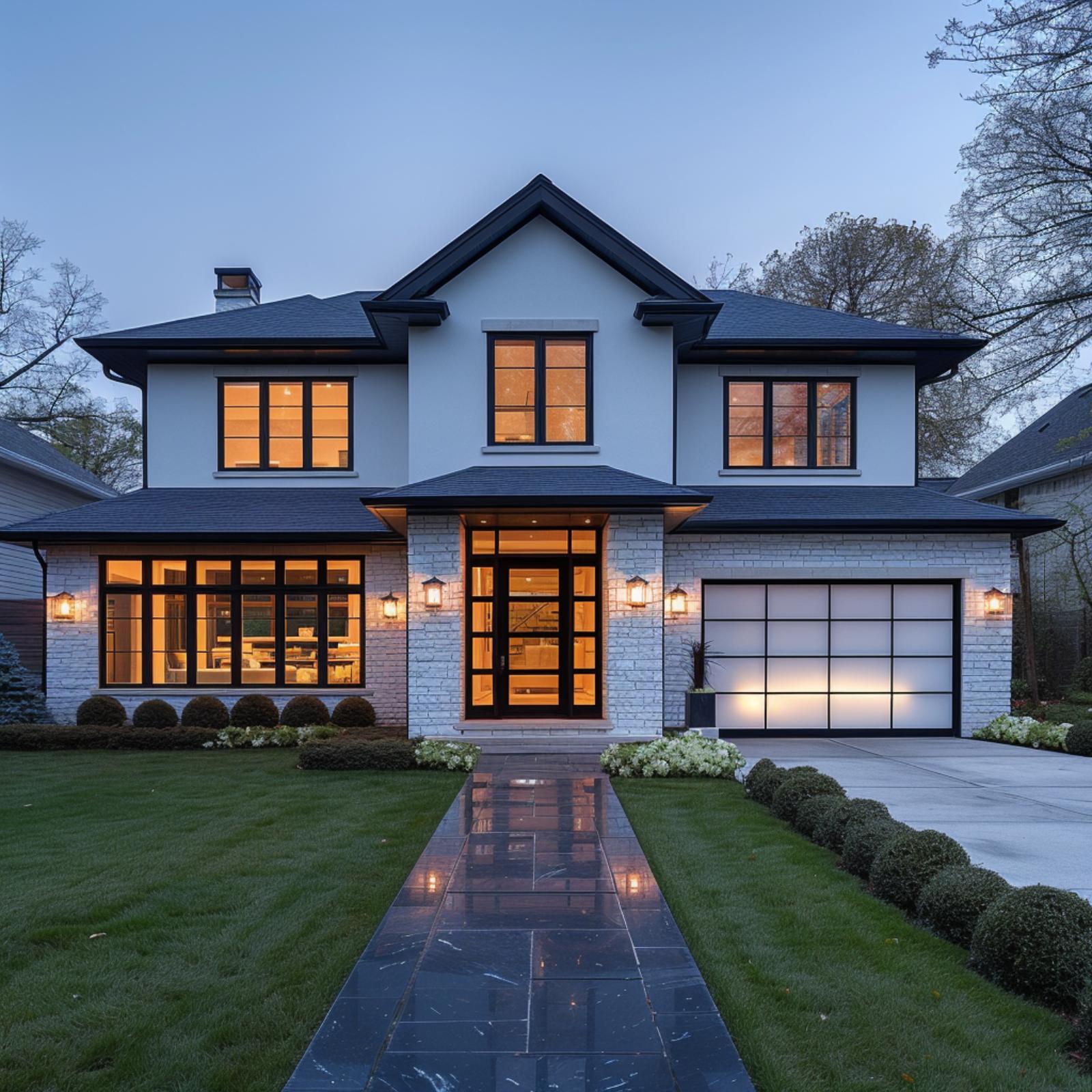 White Brick, Black Frames, and a Glass Garage Door Lit From the Inside Out