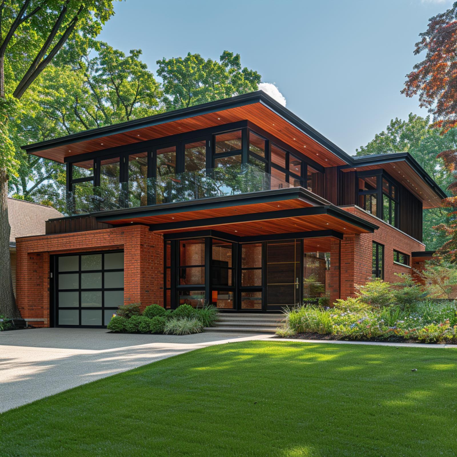 Red Brick, Cedar Soffits, and a Glass Garage Door Earning Its Place on the Facade
