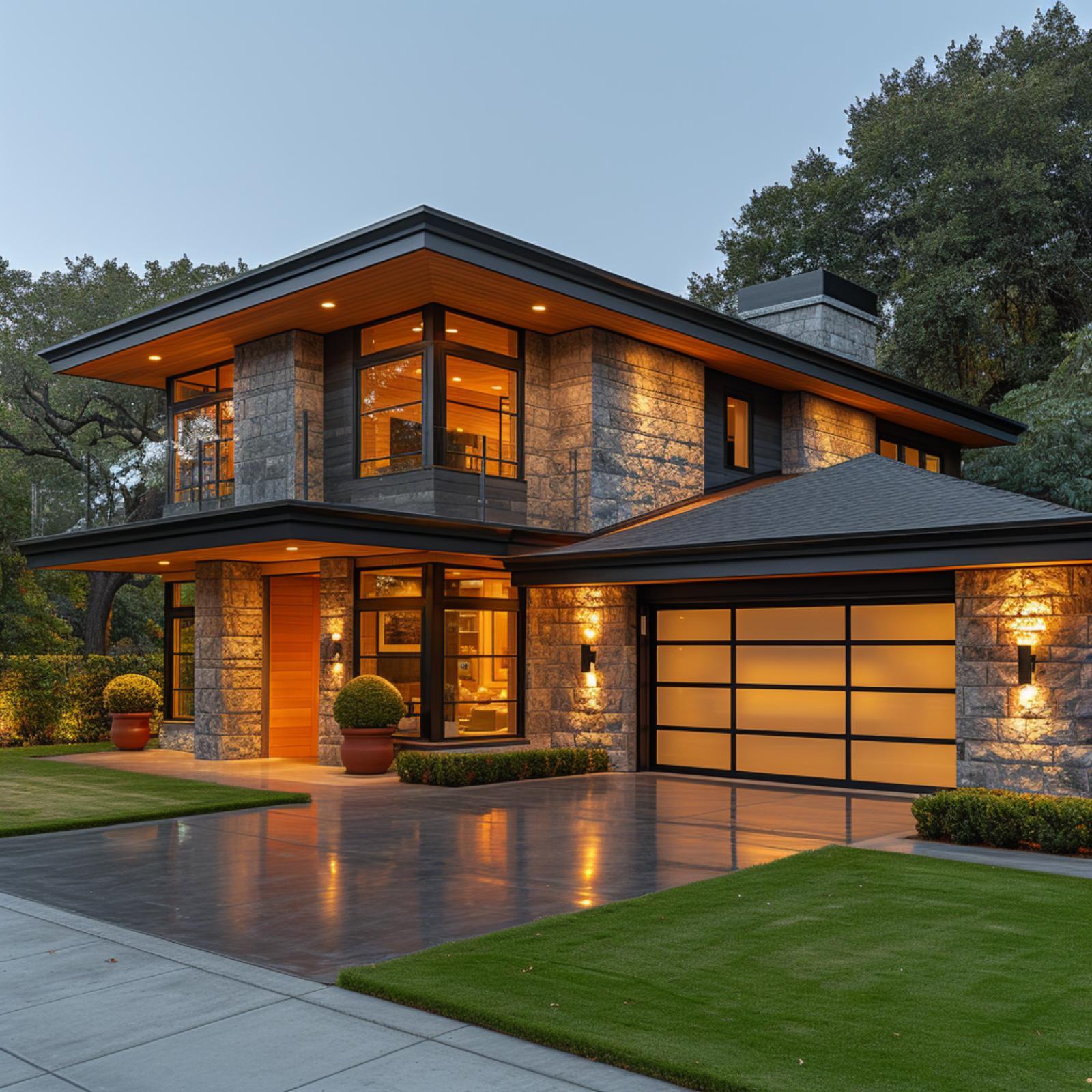 Stone, Glass, and Recessed Light — How One Garage Door Earned Its Place on This Facade