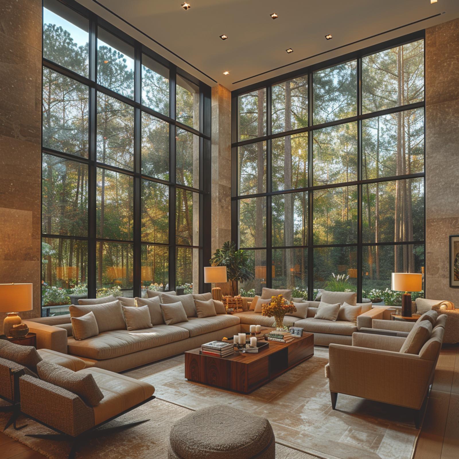 Tall Pines, Warm Stone, and a Living Room That Earns Two Stories