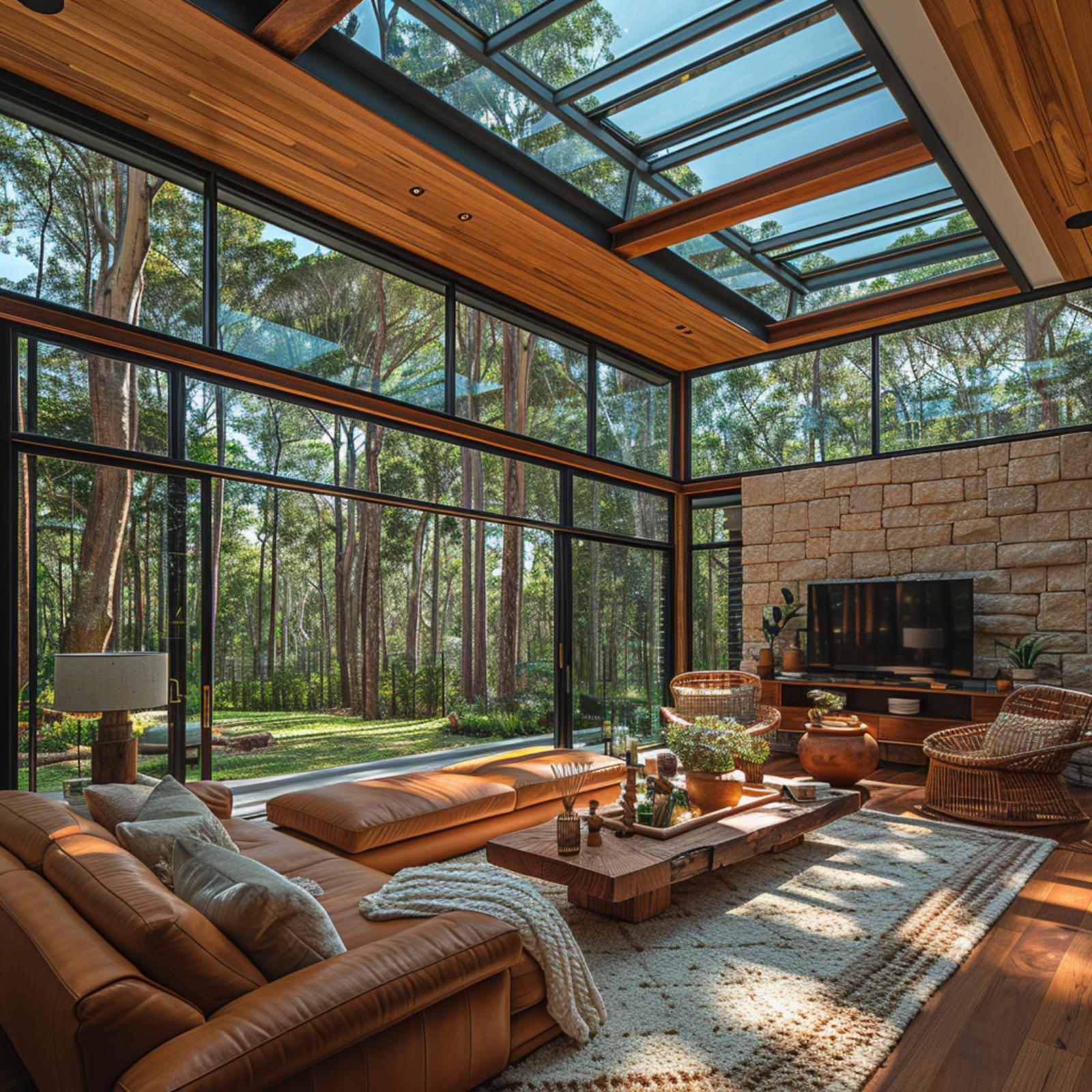 Glass Roof, Stone Wall, Cognac Leather — Forest Living Done Right