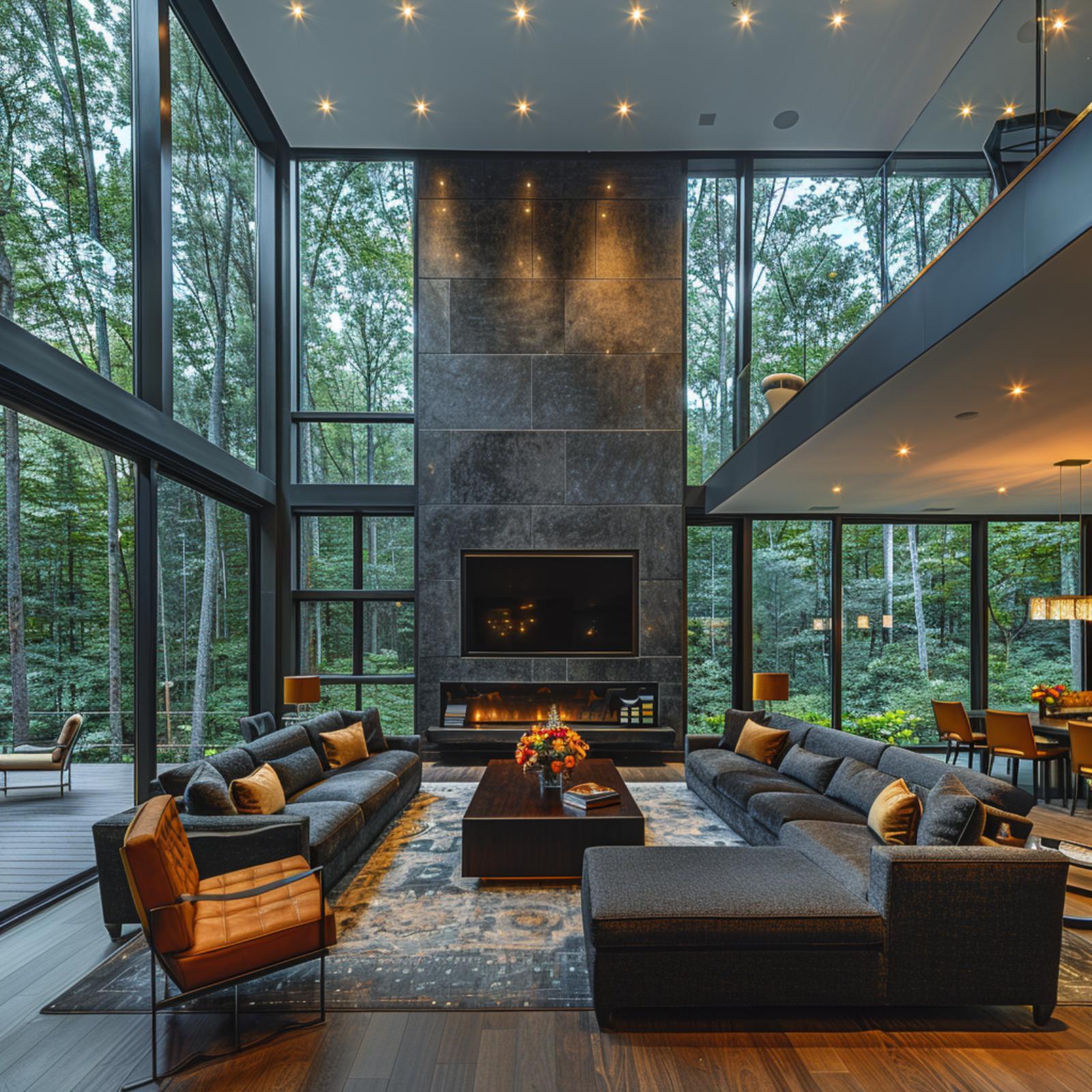 Charcoal Stone, Forest Glass, and a Fireplace Wall That Earns Two Stories