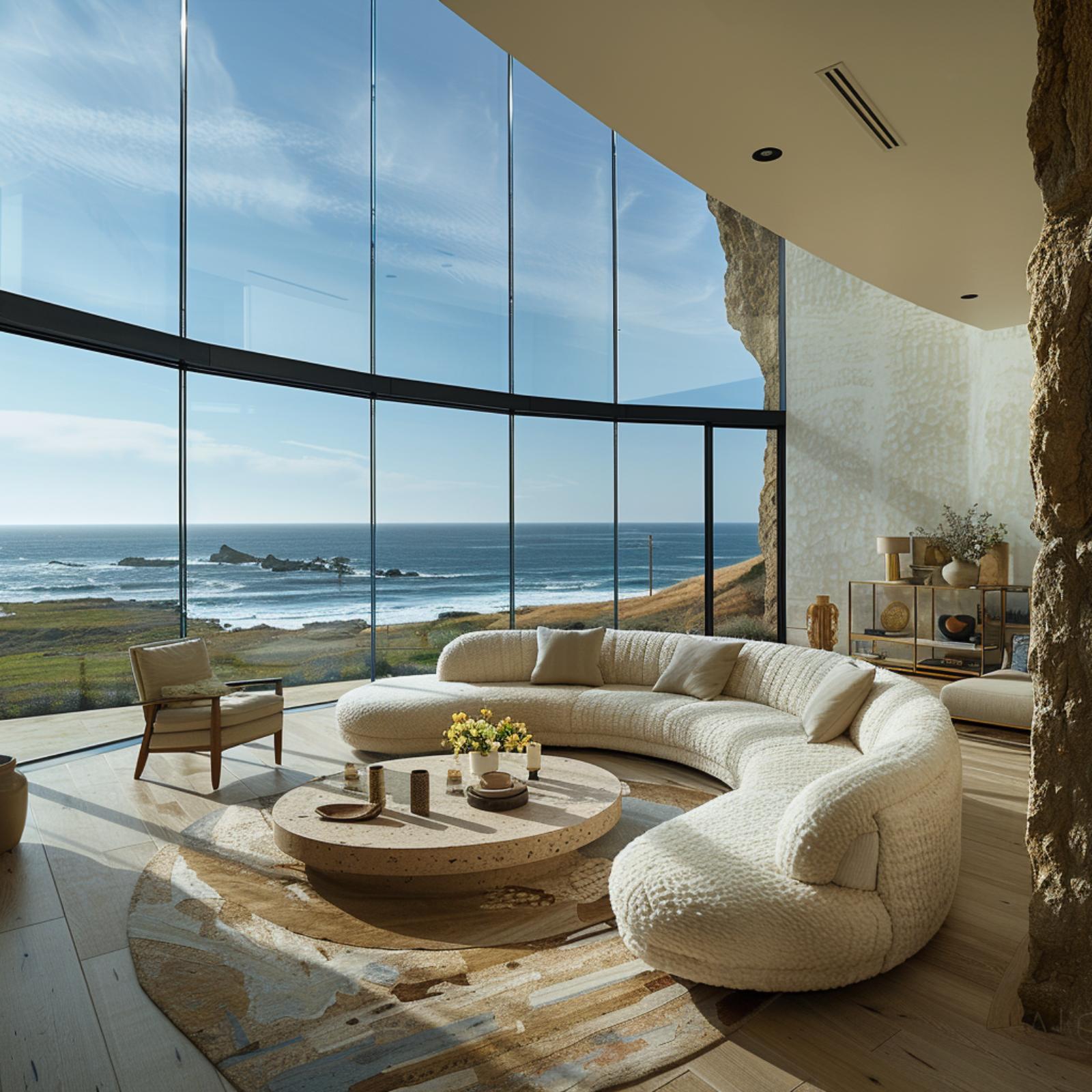 Curved Boucle, Raw Stone, and an Ocean That Does All the Work
