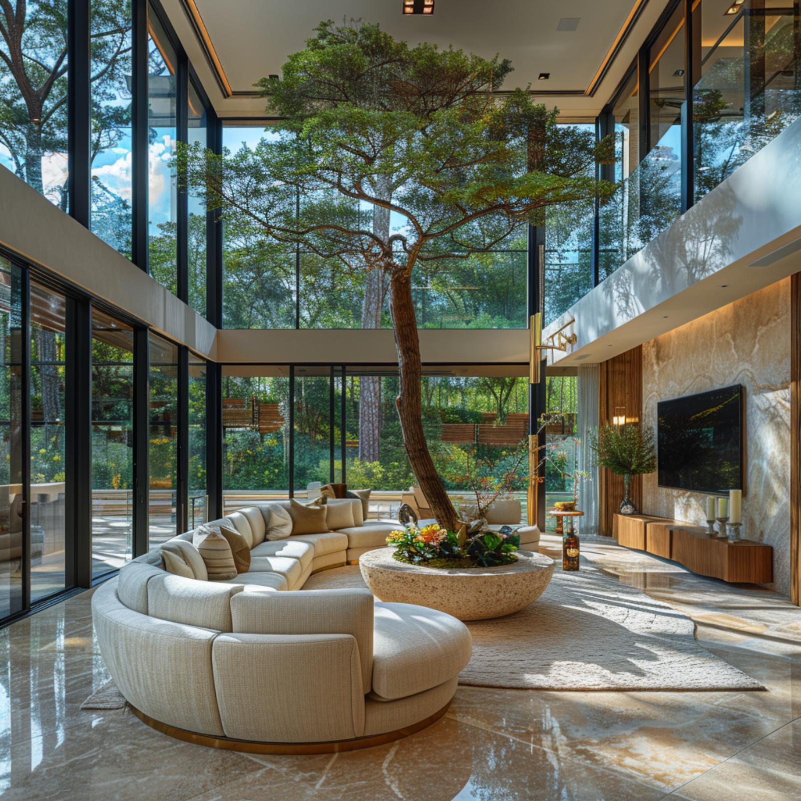 Indoor Tree, Circular Sofa, and a Living Room That Grows Around Them