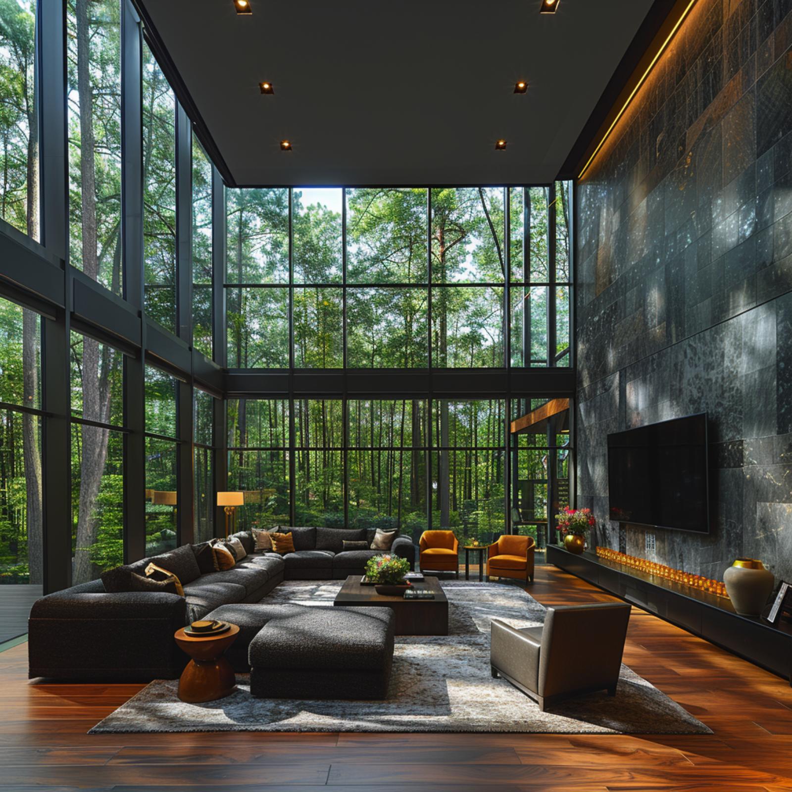 Dark Stone, Amber Chairs, and a Forest That Earns Every Square Foot of Glass