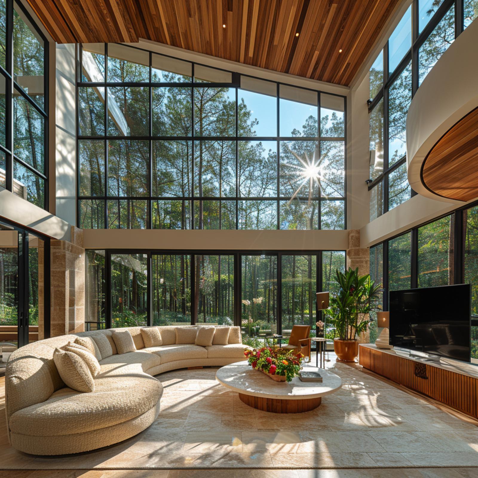 Cedar Ceiling, Floor-to-Ceiling Pine Forest, and a Curved Sofa That Earns Its Footprint