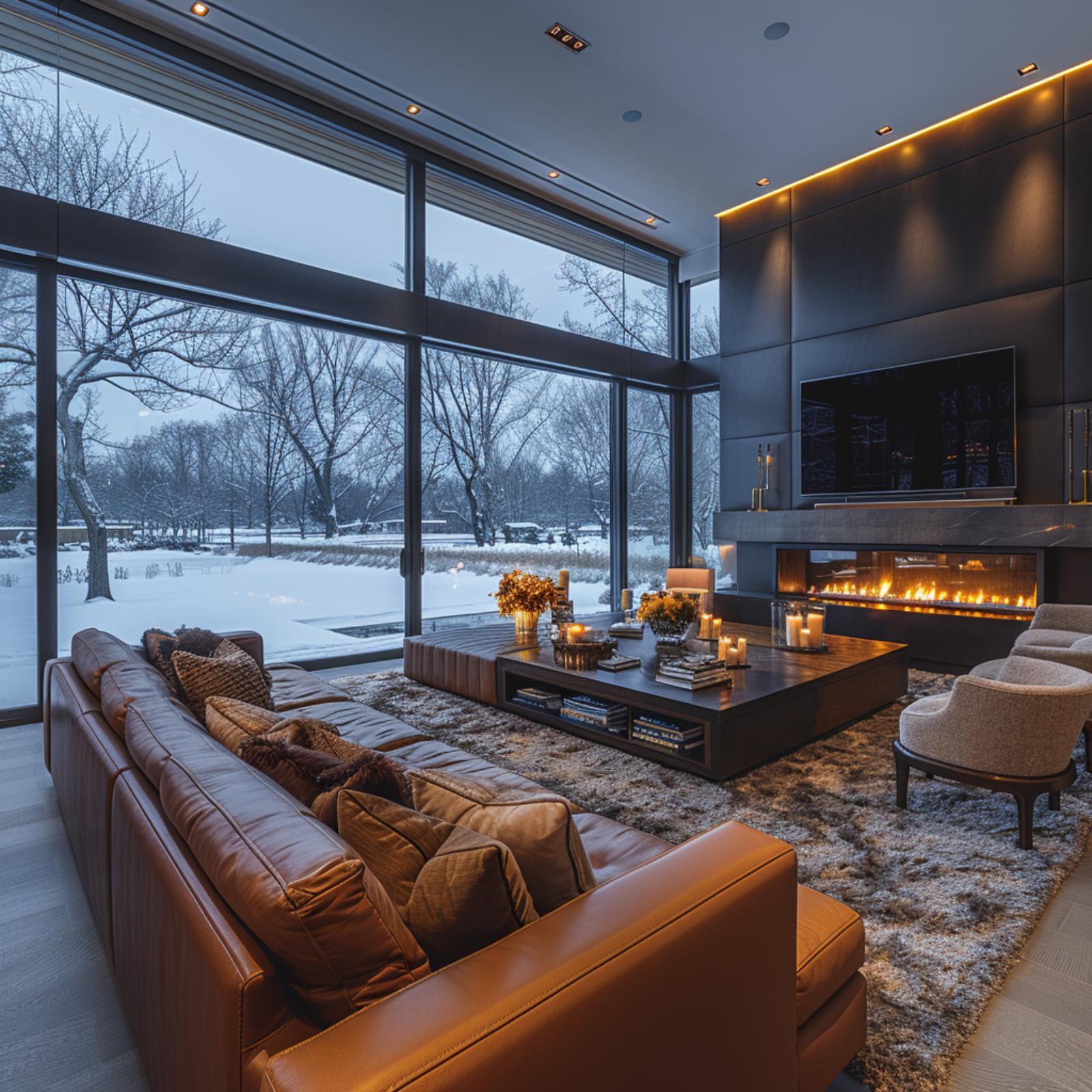Cognac Leather, a Linear Fireplace, and Snow That Makes the Warmth Feel Earned