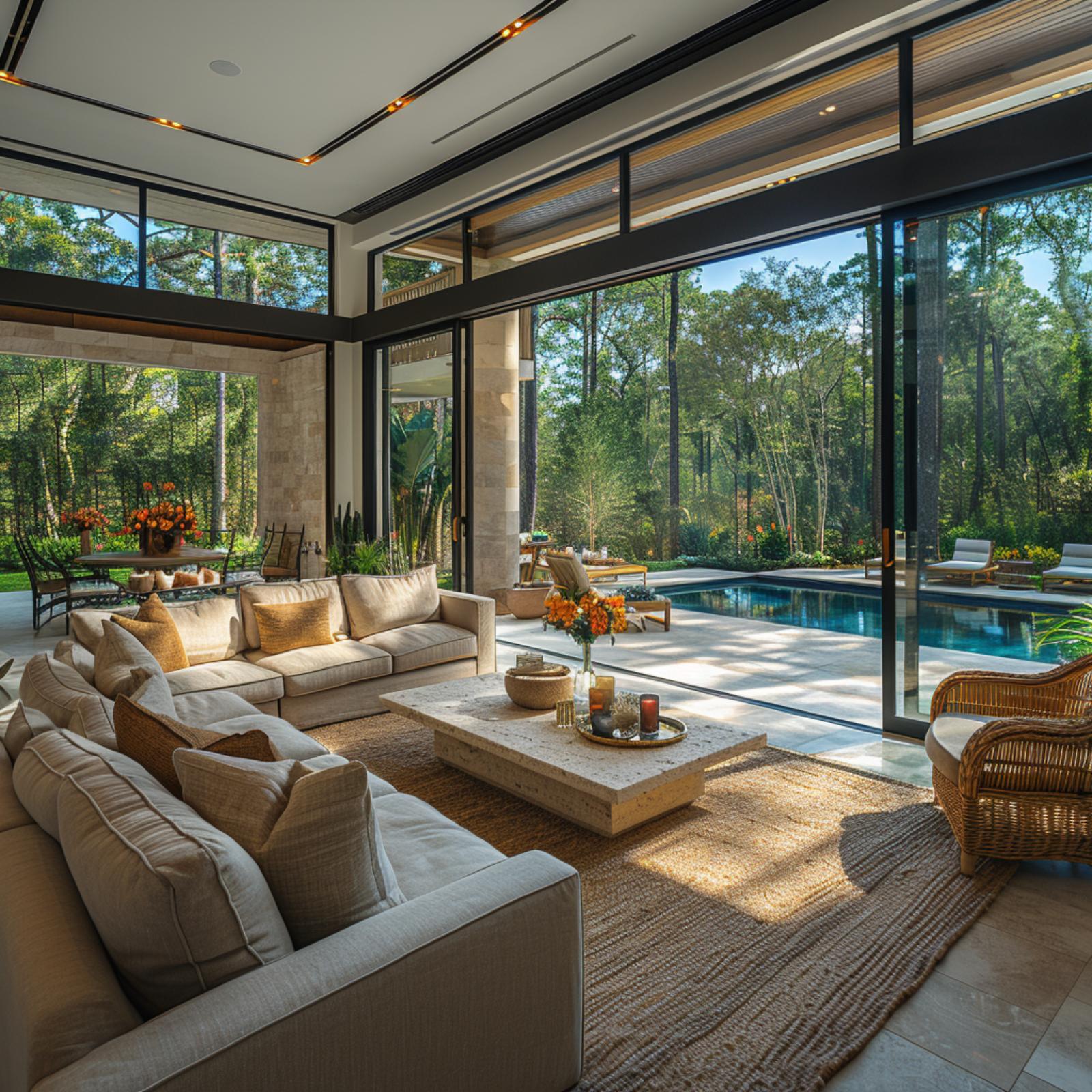 Pool Deck, Bleached Linen, and a Travertine Table That Holds the Room Together