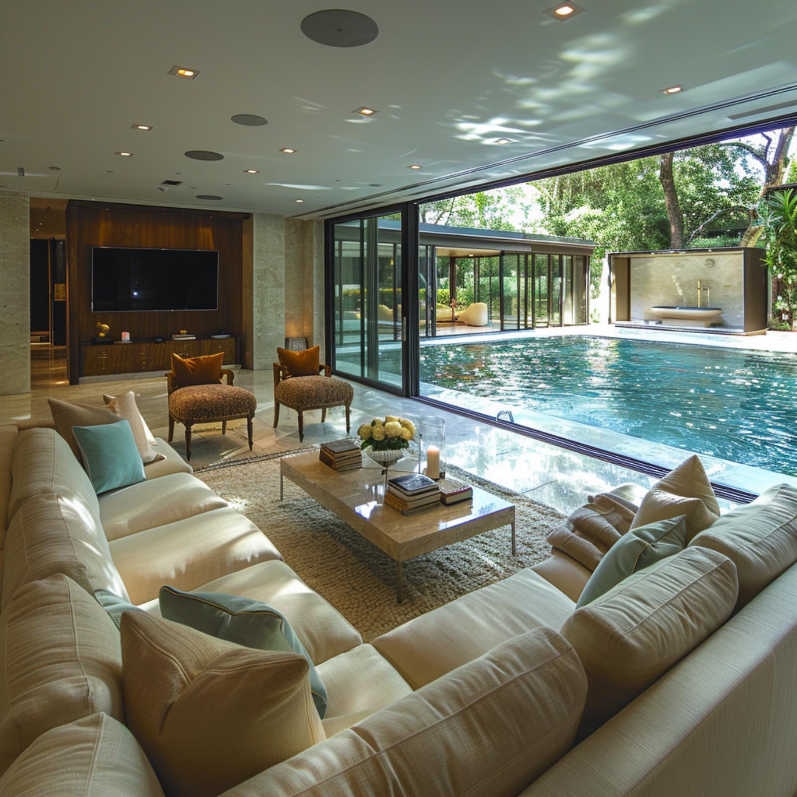 Warm Travertine, Pool Reflections, and a Living Room That Opens Like a Stage
