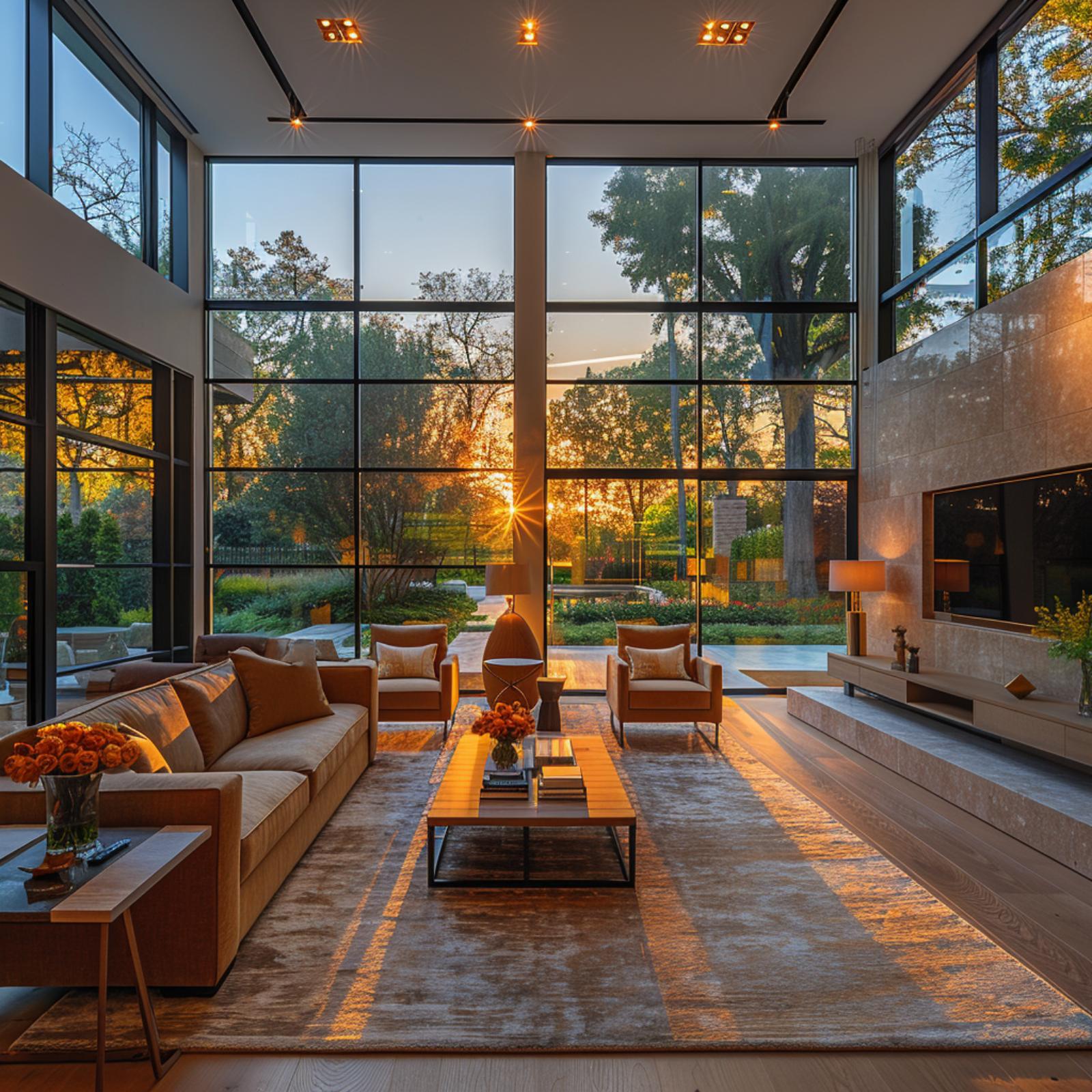 Sunset Through Steel Grid, Cognac Leather, and a Garden That Does the Heavy Lifting